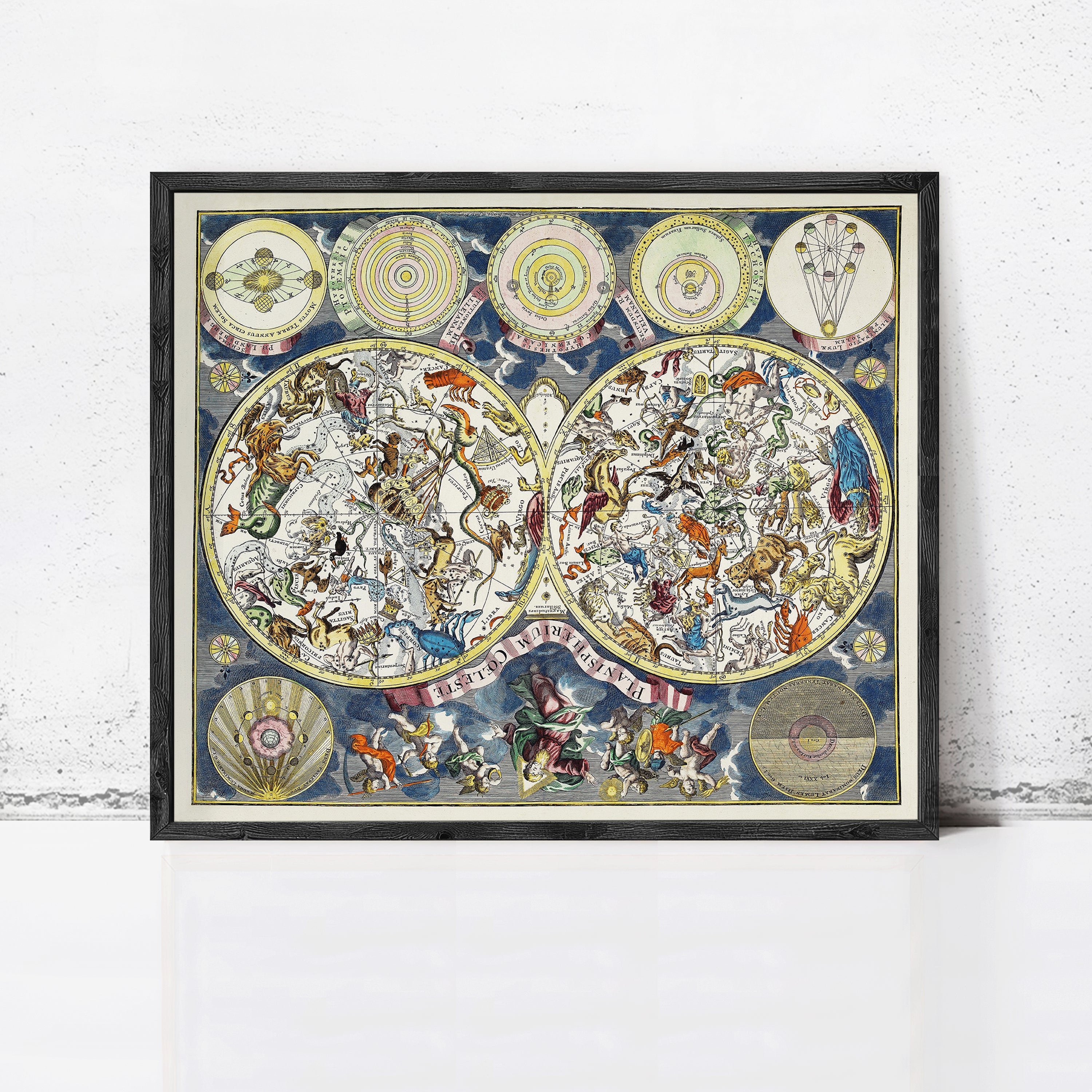 The image is a framed illustration depicting a detailed and colorful depiction of the night sky, with various celestial objects and symbols.