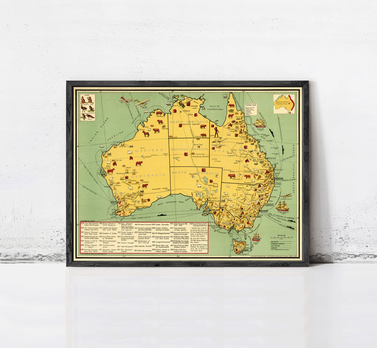 The image is a framed map of Australia, showing various landmarks and locations across the country.