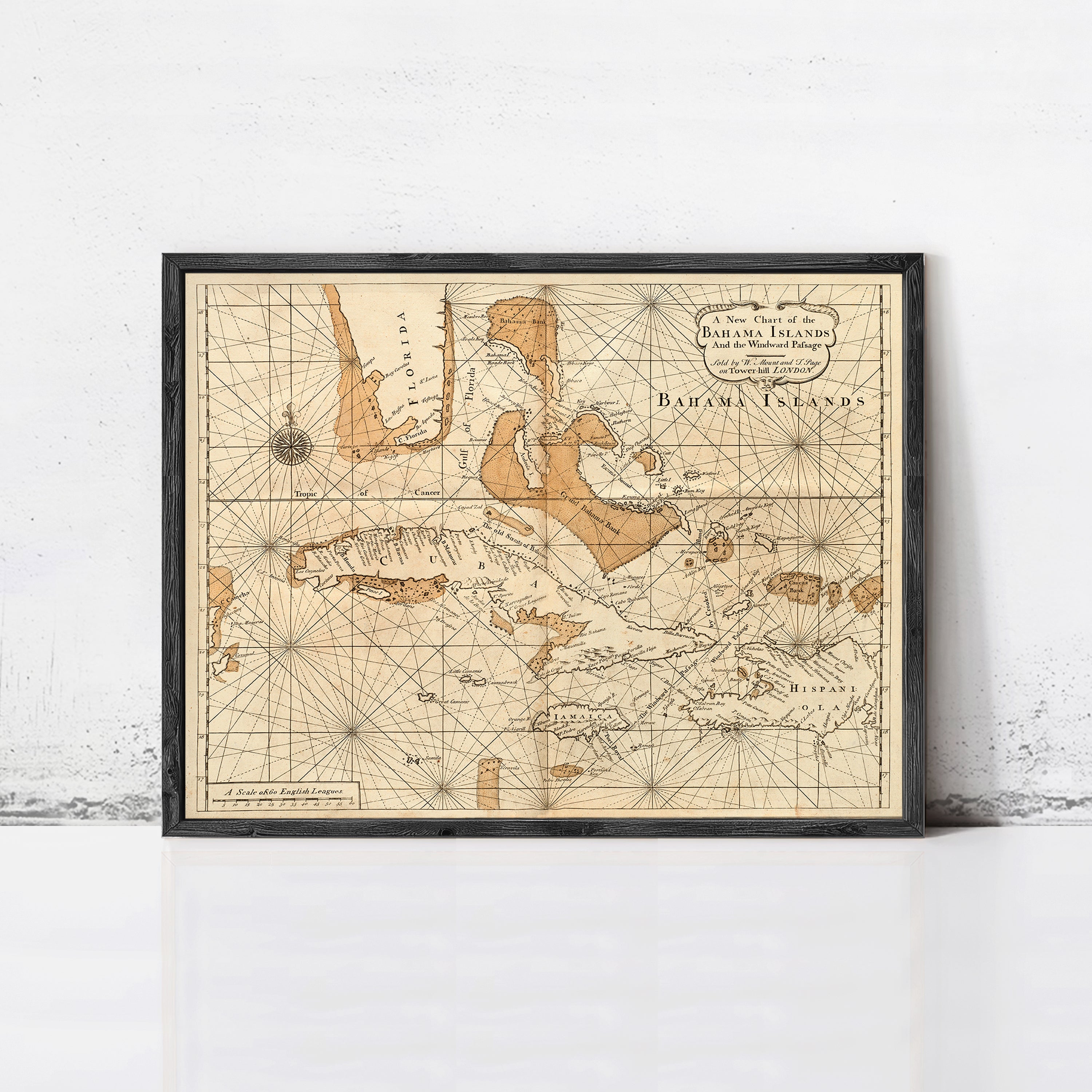 The image is a framed vintage map of the Bahamas Islands, depicting the islands and surrounding areas in a detailed and intricate manner.