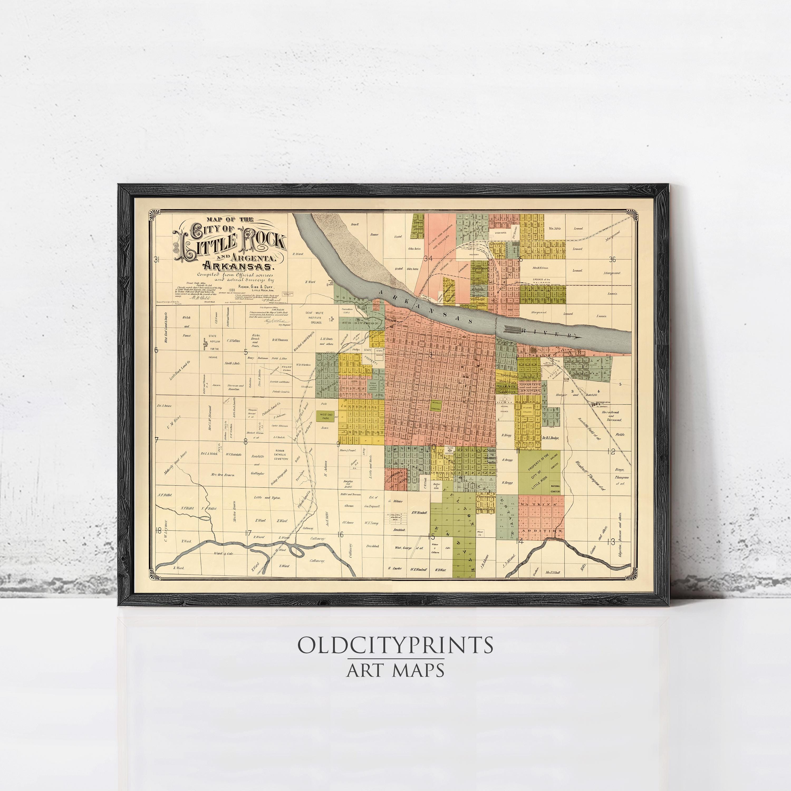 The image is a framed vintage map of the city of Little Park, Arkansas, depicting the city's layout and surrounding areas.
