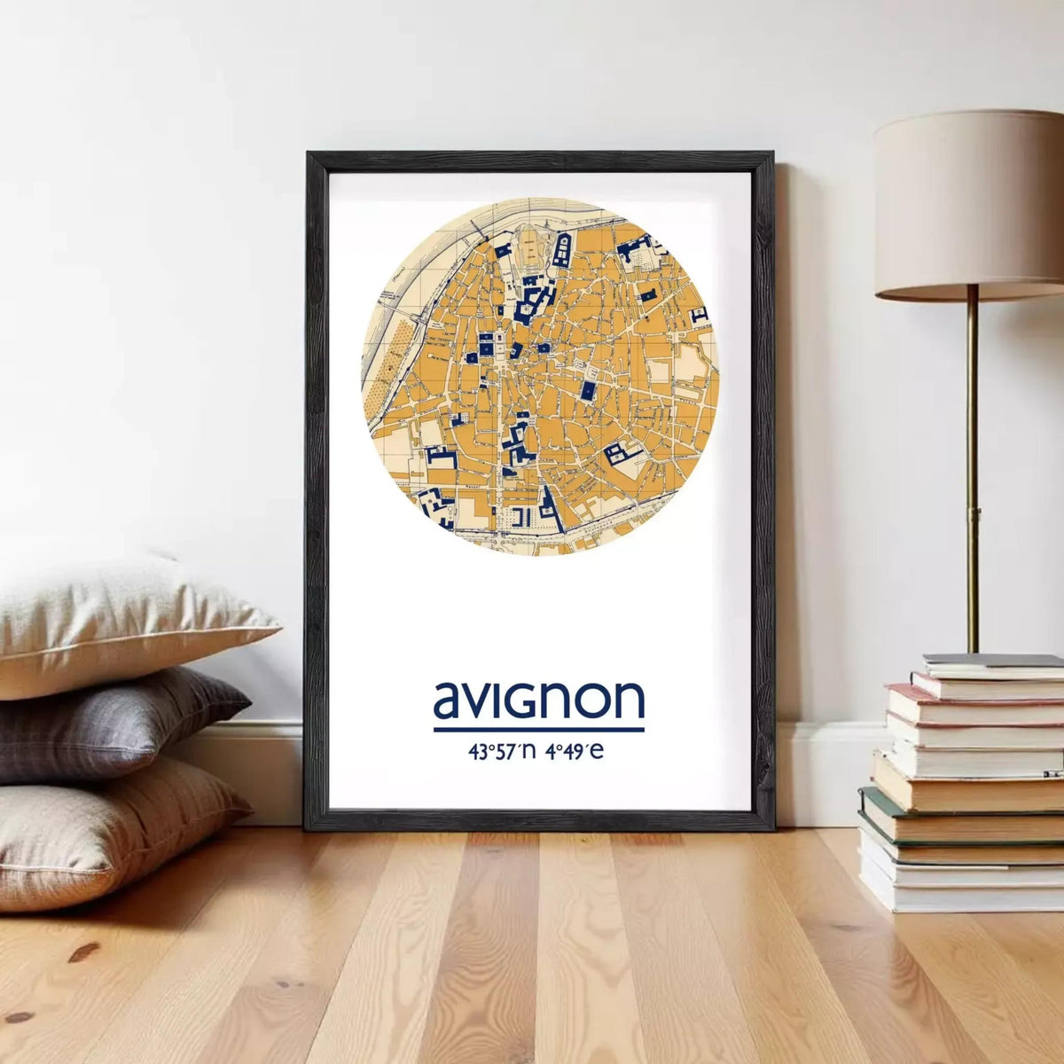 a framed map of Avignon, France, with the city's streets and landmarks depicted in a circular format.