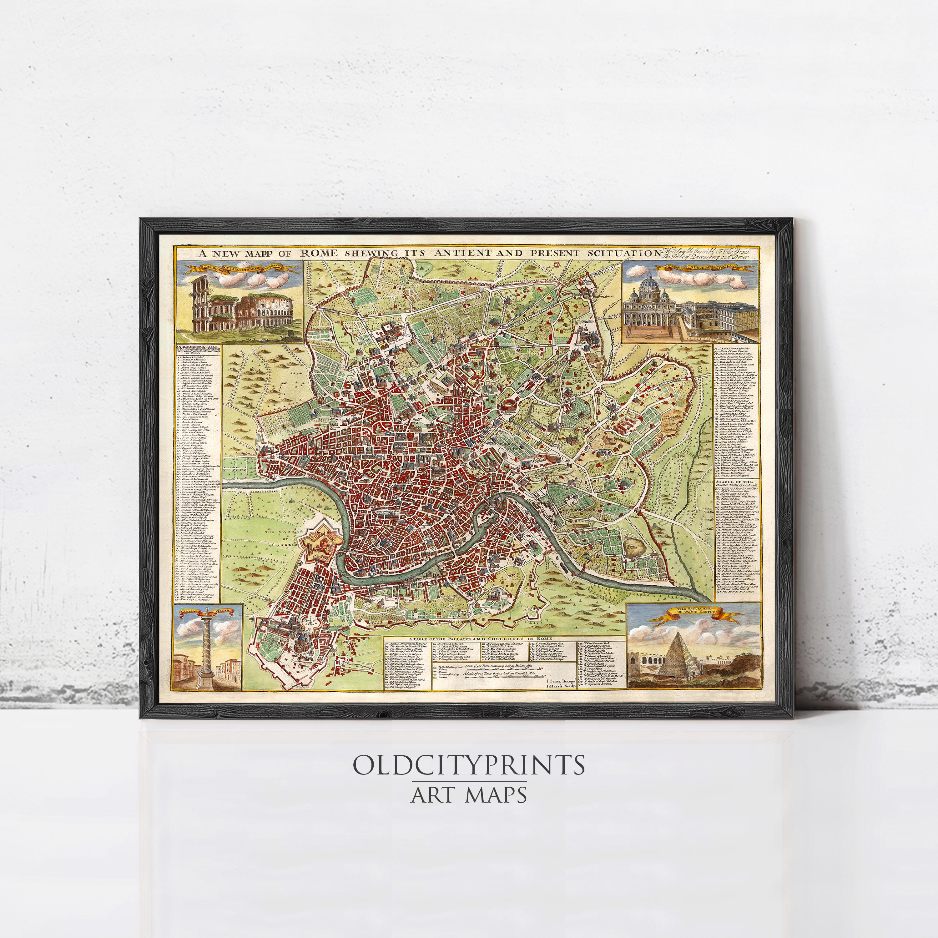 A framed vintage map of Rome, Italy, depicting the city's layout and landmarks.