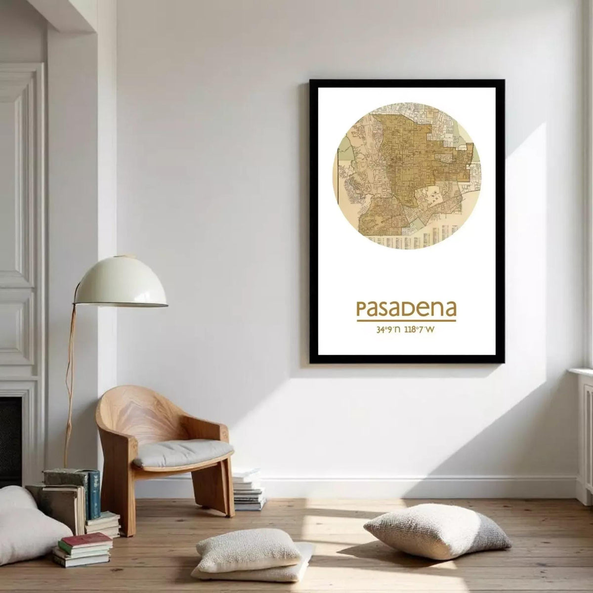 A framed vintage map of the city of Pasadena, California, with the city's name and location printed below the map.