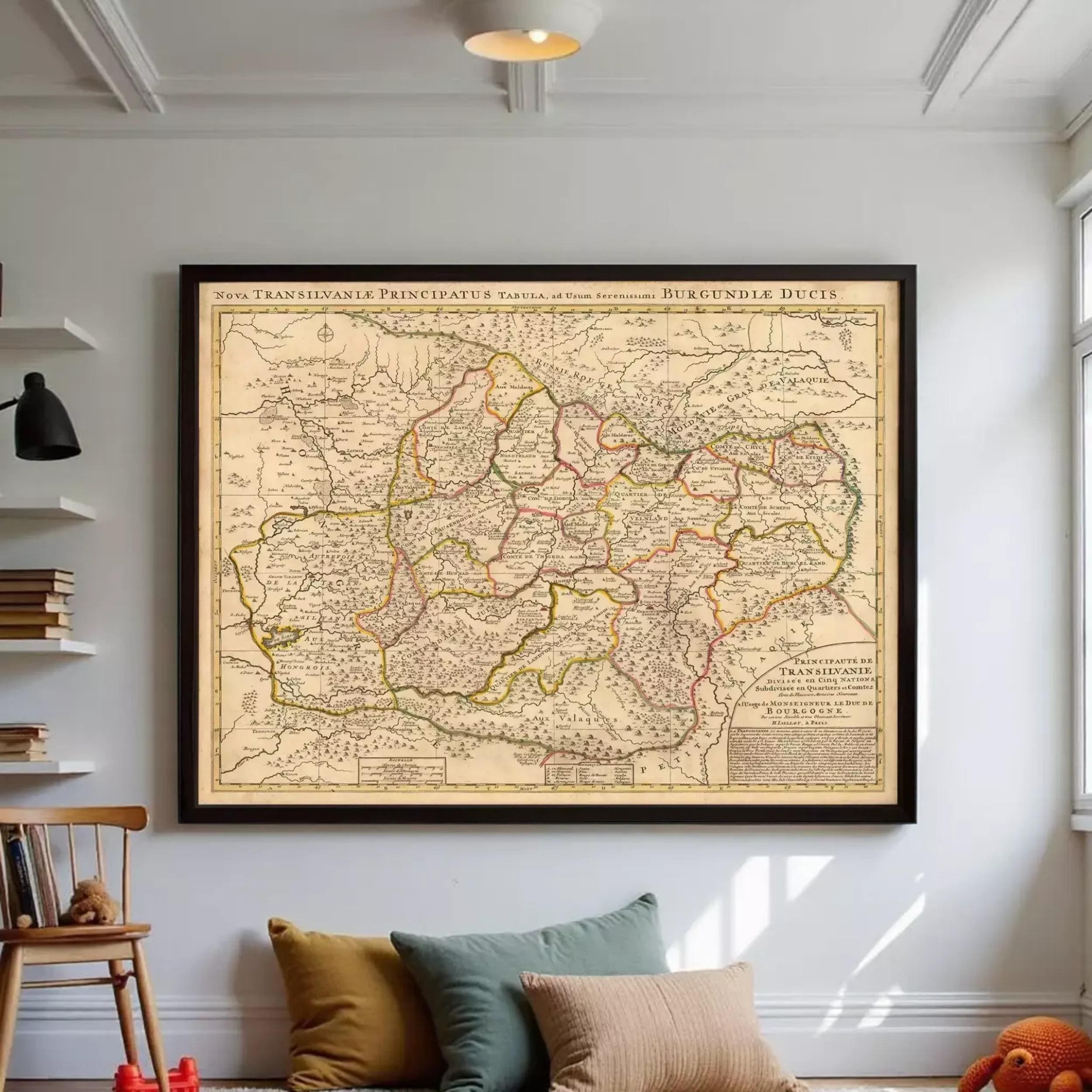 The image is a framed vintage map of a region, likely a country or region, with detailed geographical markings and labels.