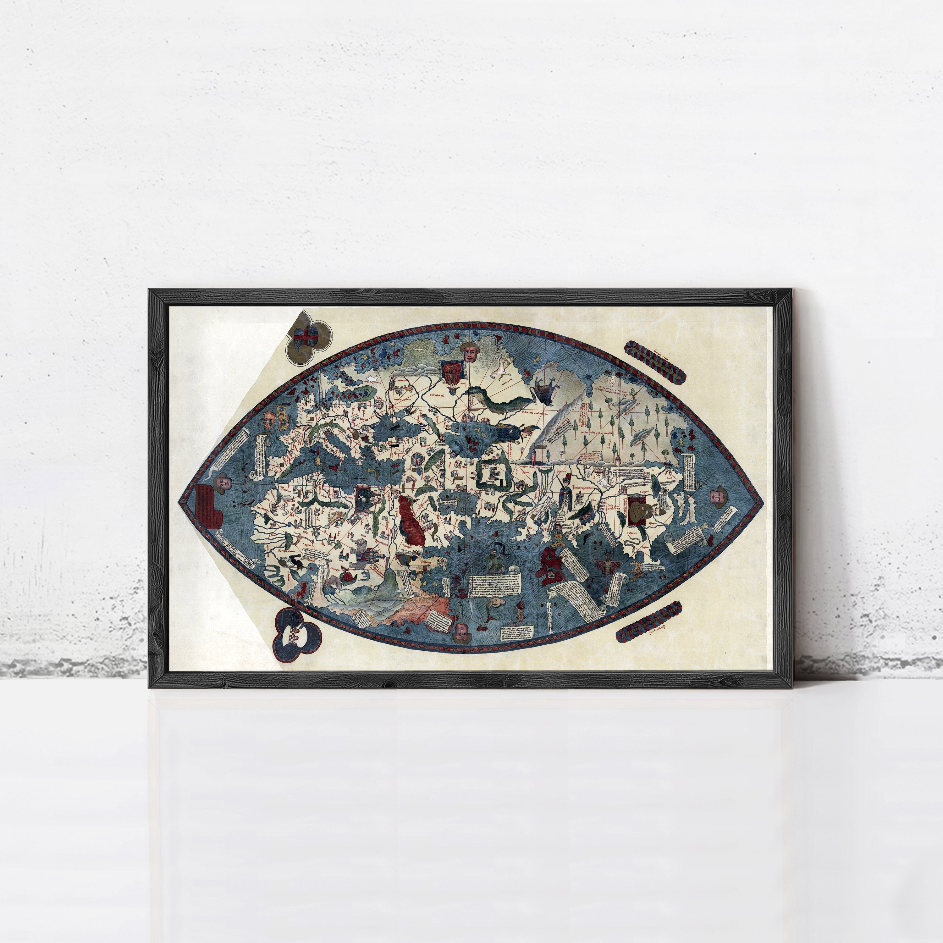 The image is a framed map of the world, depicting various landmarks and geographical features.