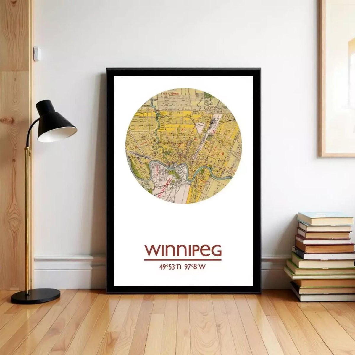 A framed map of the city of Winnipeg, Canada, with the text "Winipeg" printed on it.