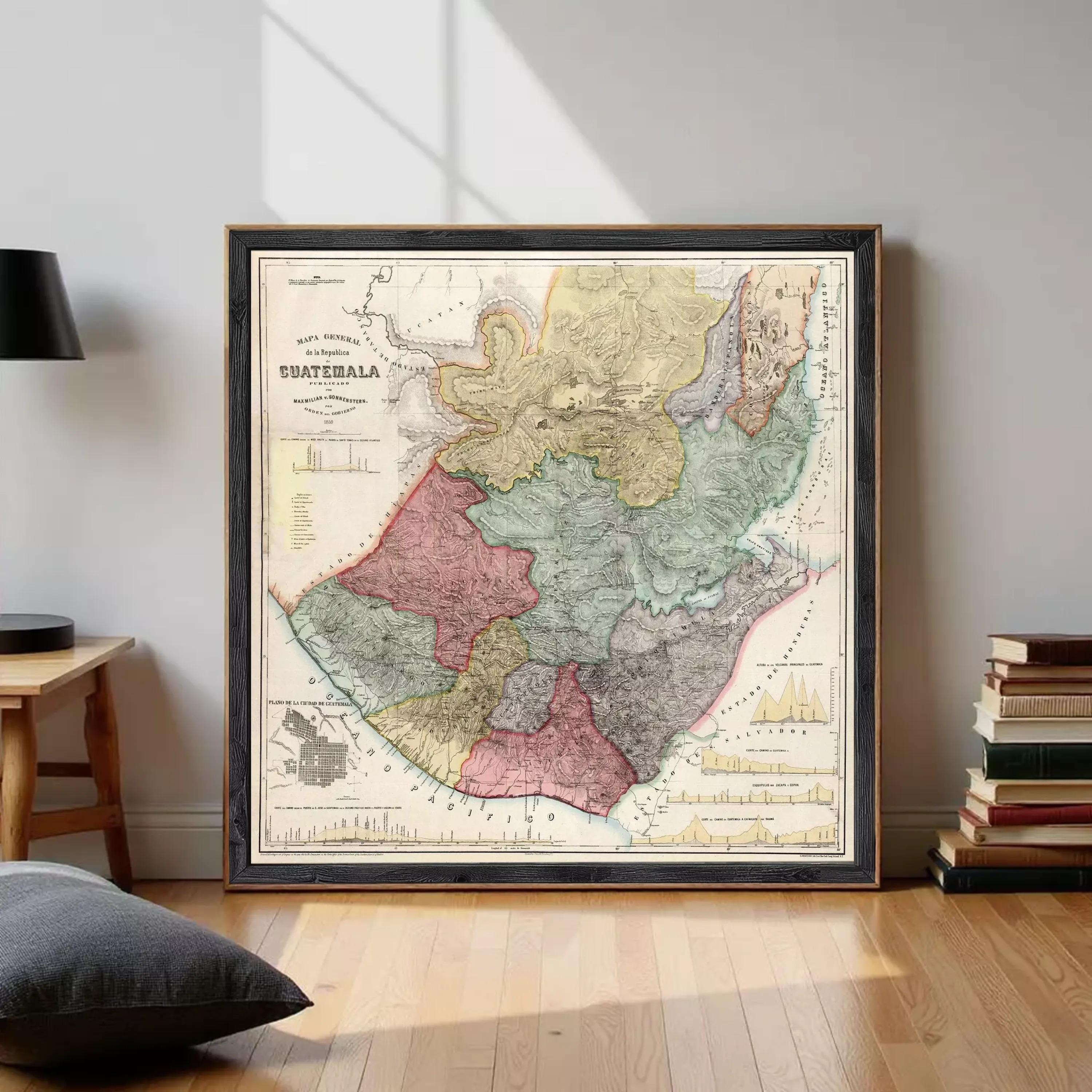 The image is a framed map of Guatemala, depicting the country's geographical layout and boundaries.