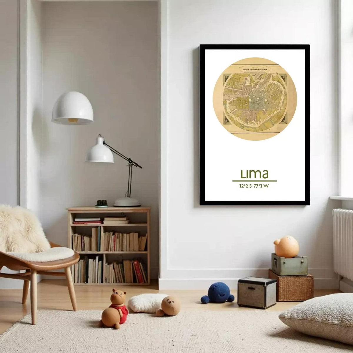 a cozy living room with a bookshelf, a lamp, and a framed map of Uma, a city in Brazil.