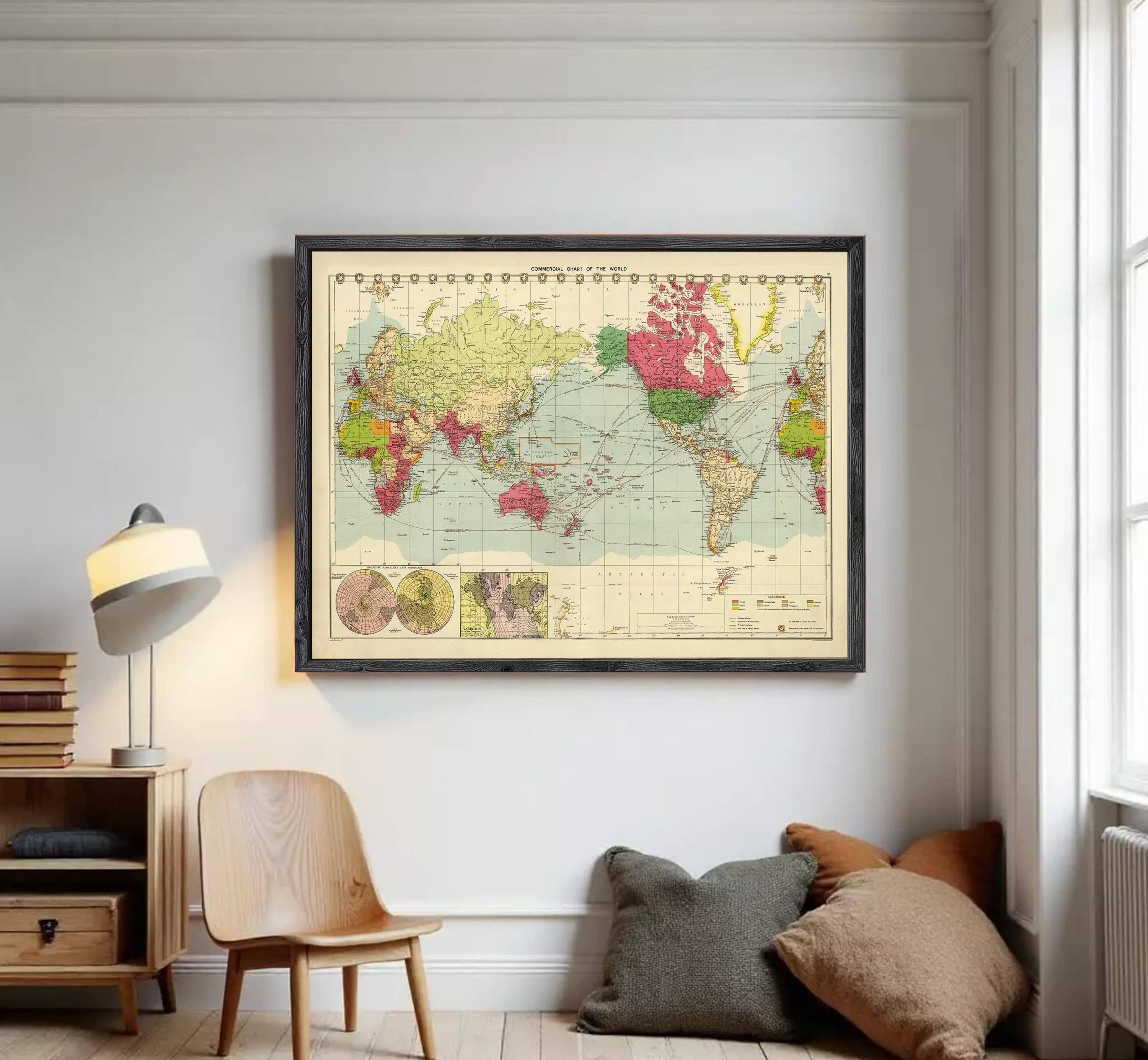 The image is a framed vintage world map with colorful landmasses and a grid system.
