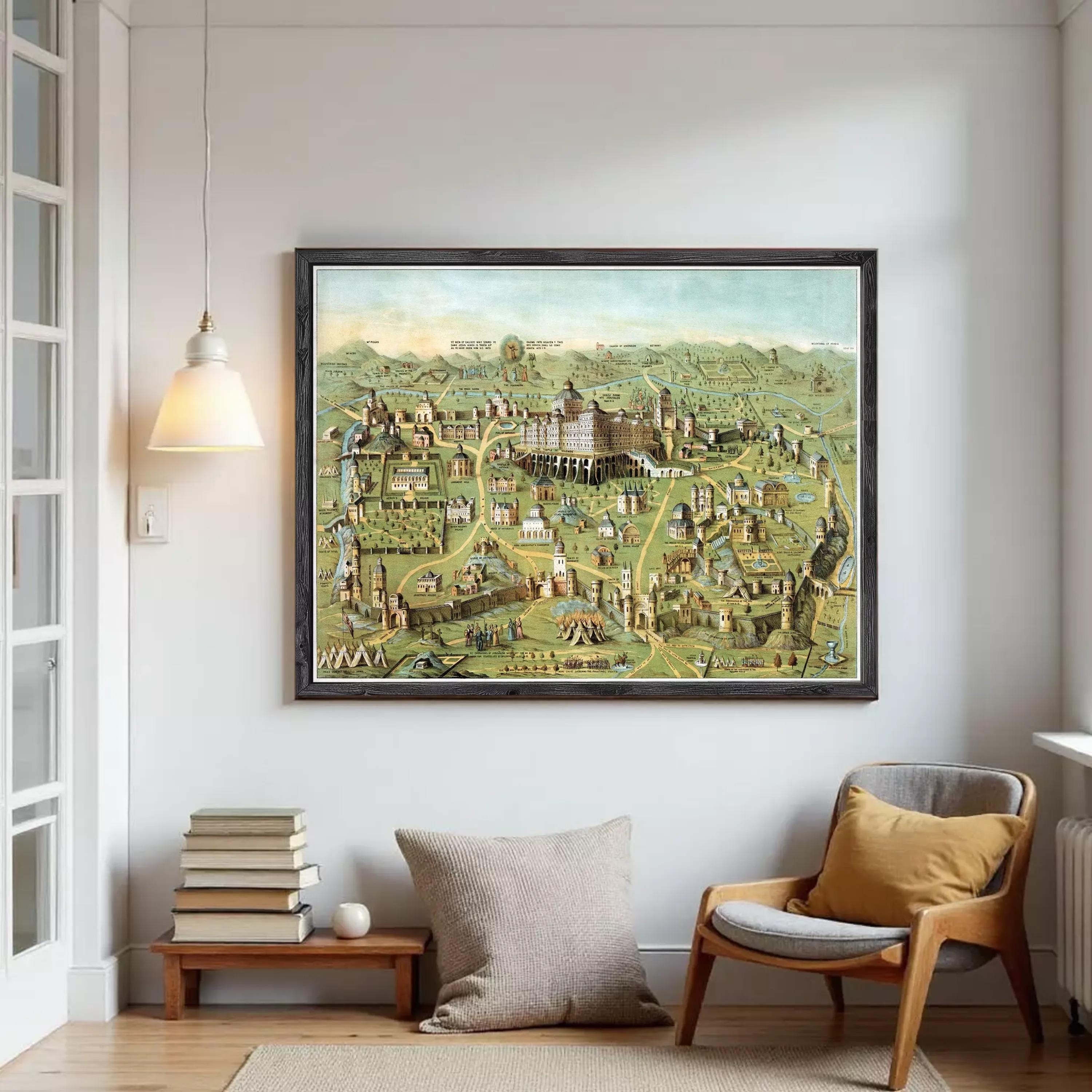 The image is a framed painting depicting a detailed map of a city, with various landmarks and buildings represented in a colorful and intricate manner.