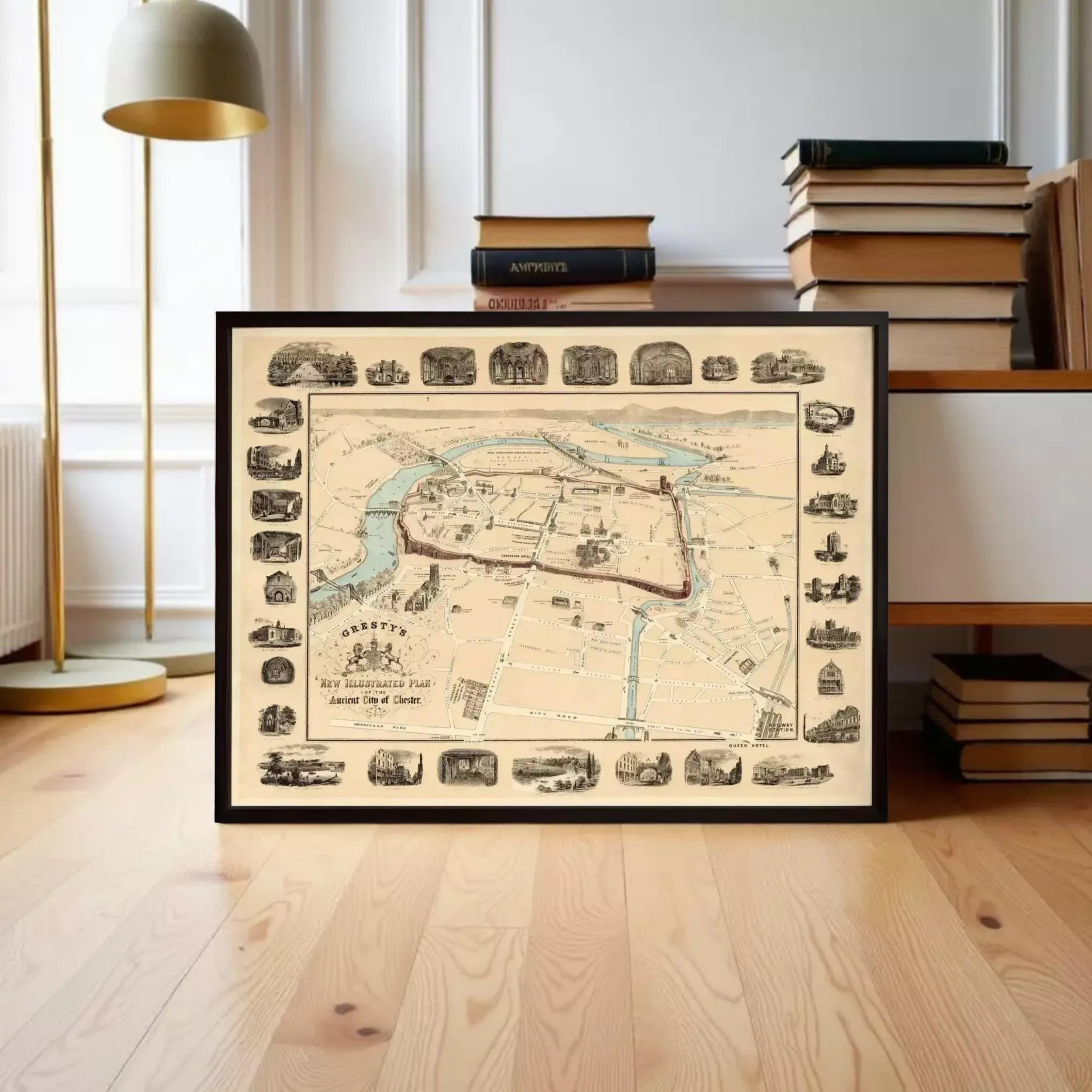 A framed map of Chester, England, with various landmarks and locations depicted on it.