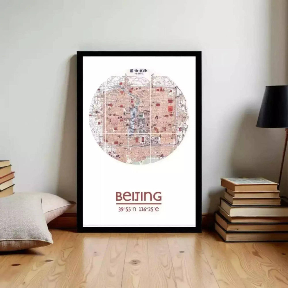 A framed poster of a map of Beijing, China, with the text "Beijing" and "39.55 n 11.75 e" printed on it.