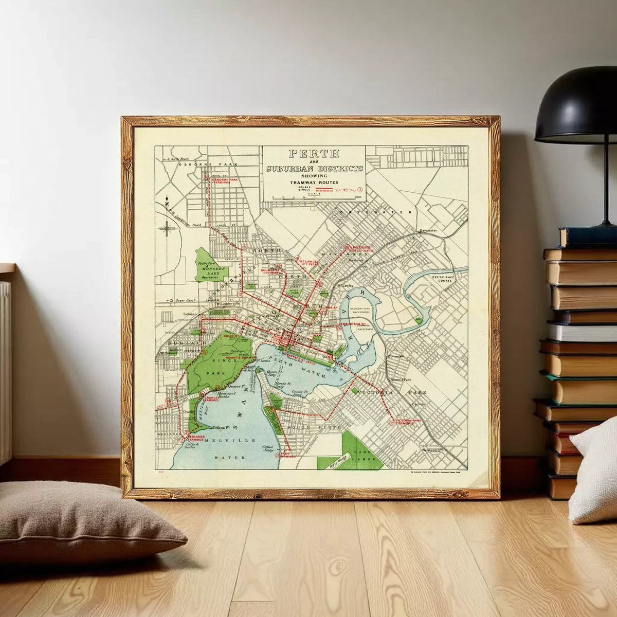 The image is a framed vintage map of the city of Perth, Australia, depicting the city's streets, parks, and other landmarks.