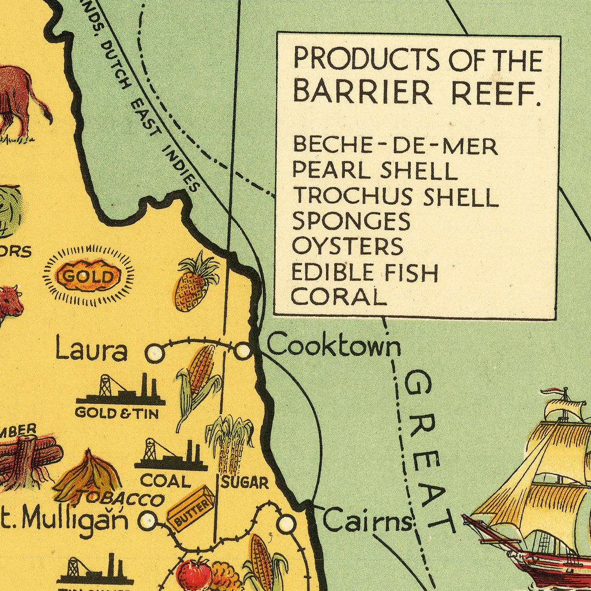 The image is a vintage map of the Barrier Reef, featuring various products and landmarks such as the BECHE-DE-MER pearl shell, trochus shell, sponges, oysters, and edible fish coral.