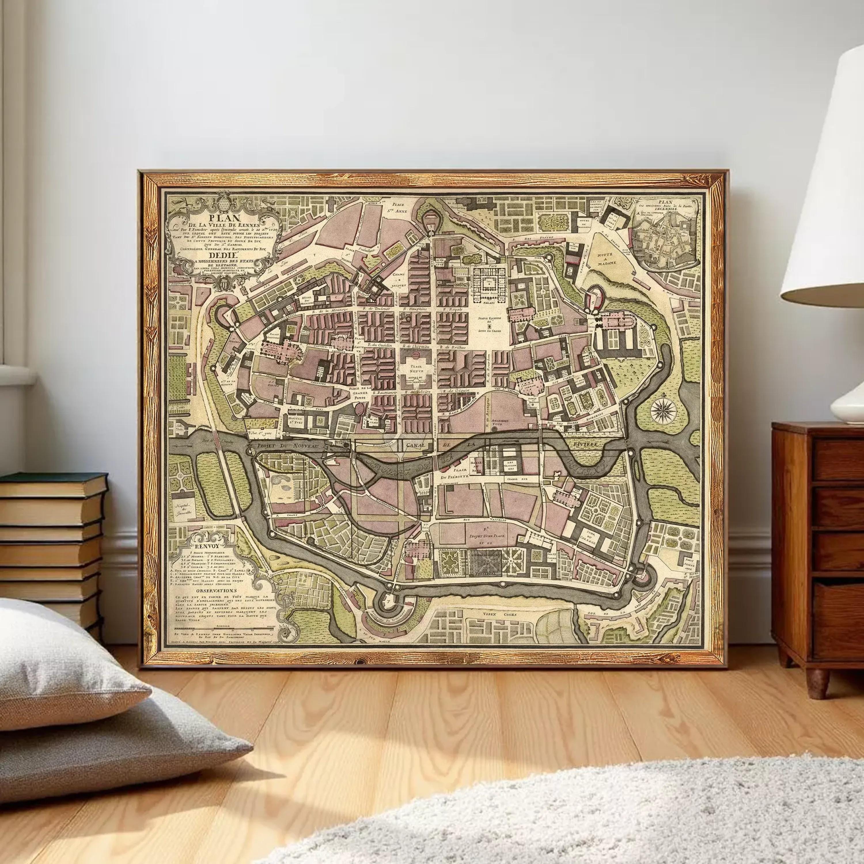 The image is a framed vintage map of a city, likely from the 17th century, depicting a detailed layout of the city with streets, buildings, and other landmarks.