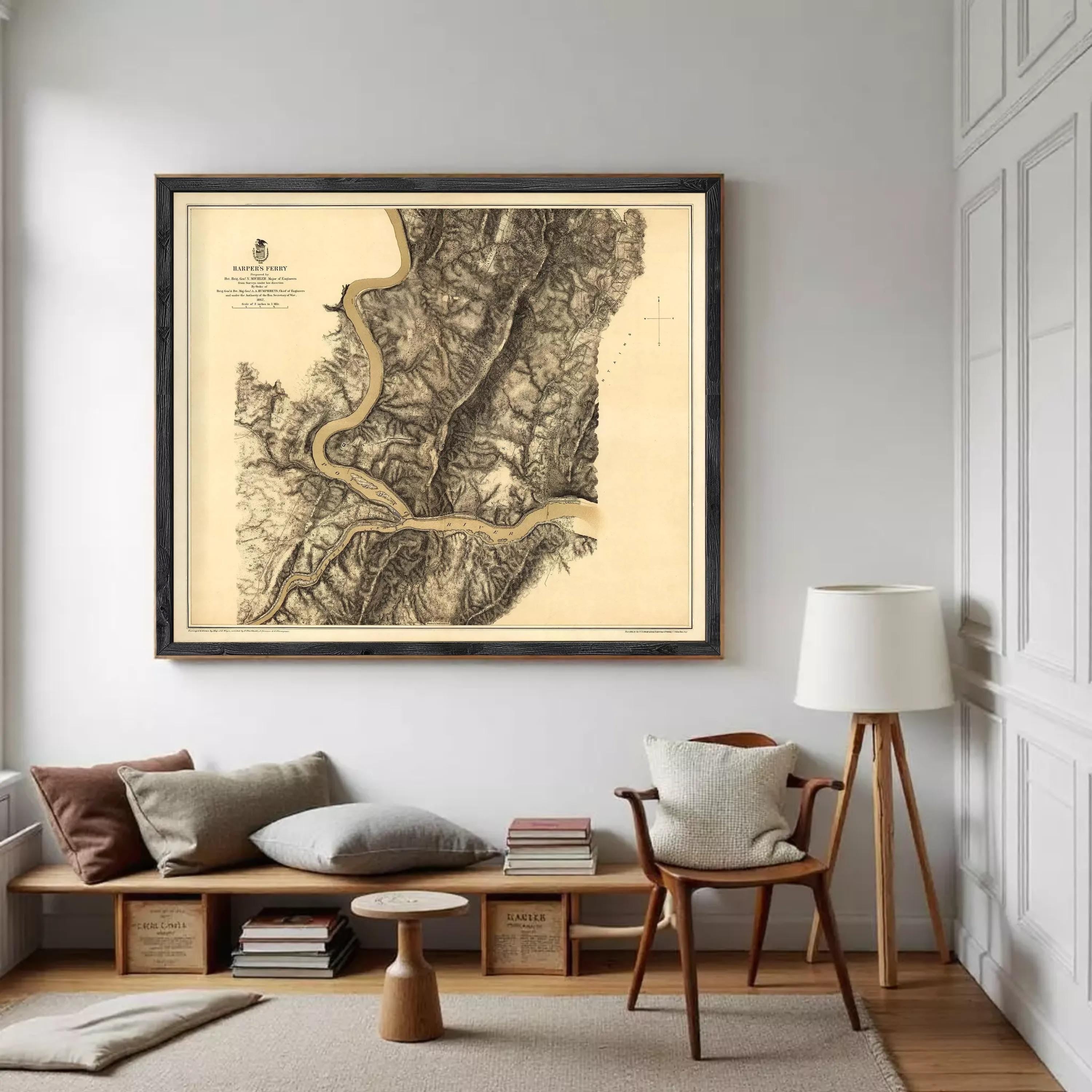 The image is a framed historical map of the Mississippi River and its surrounding areas, depicting the river's course and the surrounding landscape.