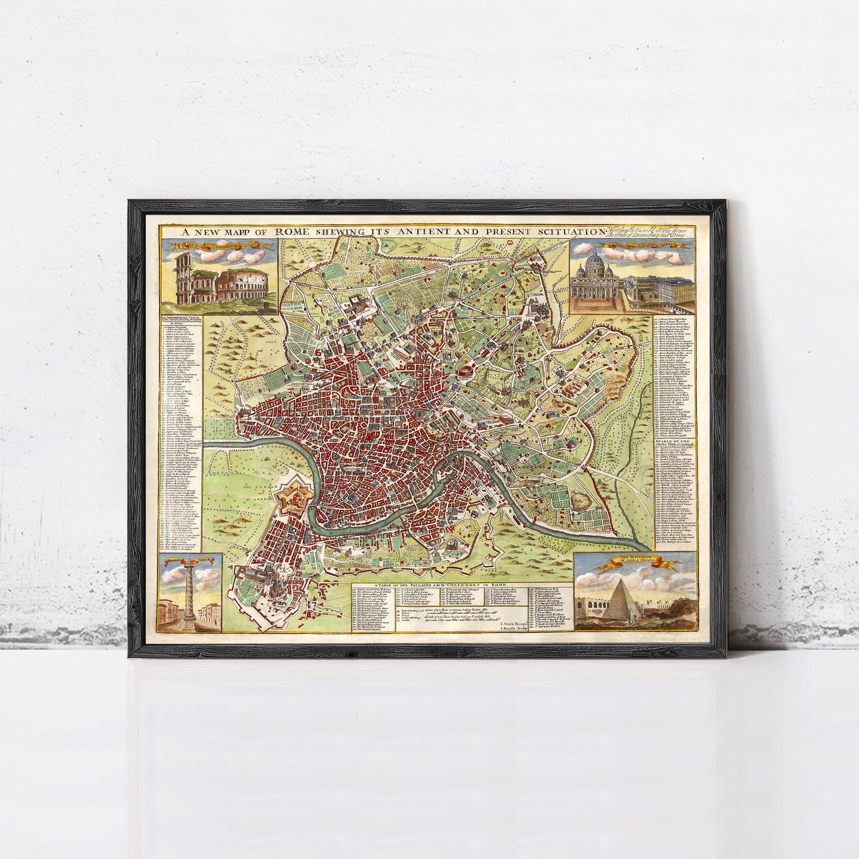 A framed map of Rome, Italy, depicting the city's ancient and modern areas.