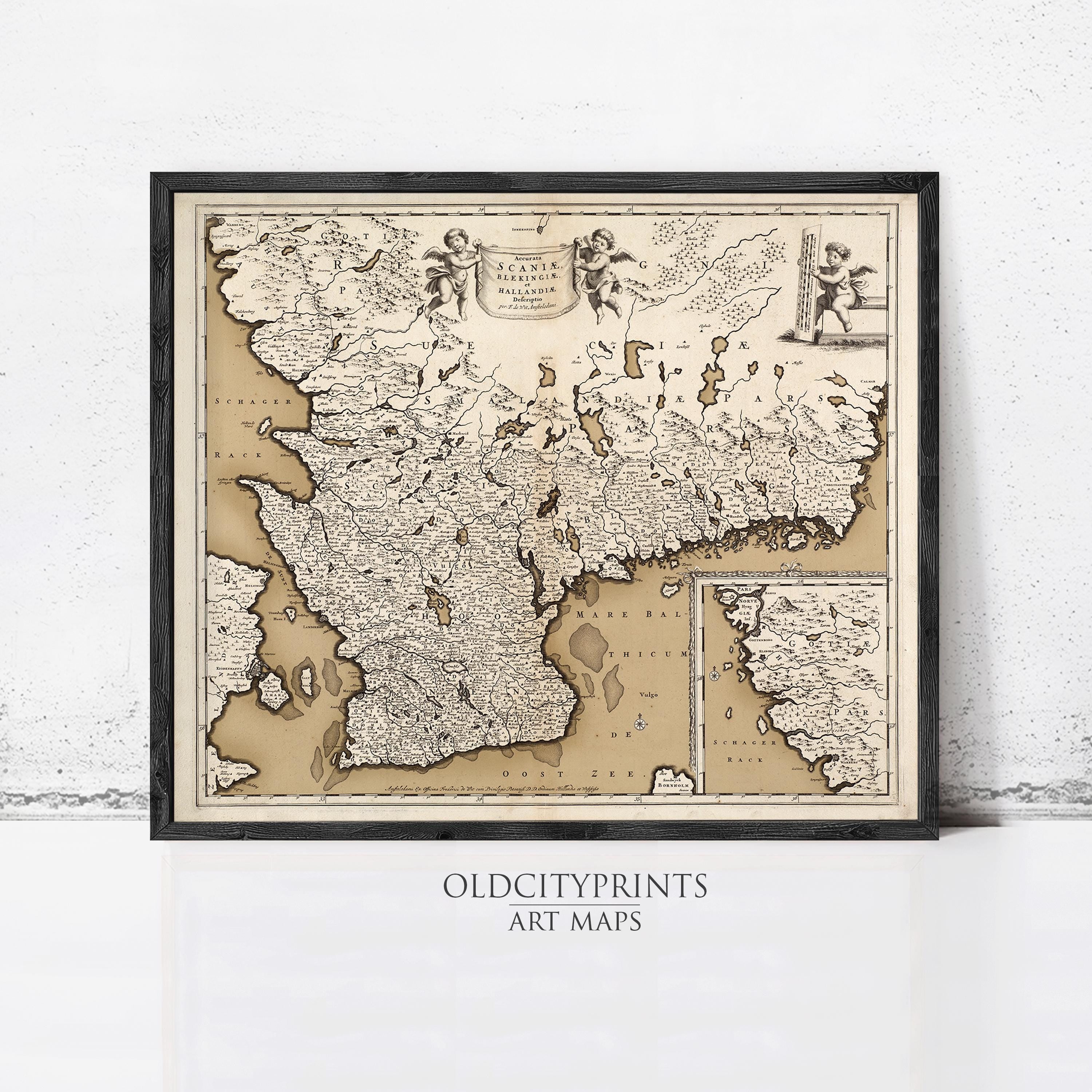 The image is a framed antique map of Europe, likely from the 16th century, displayed on a wall.