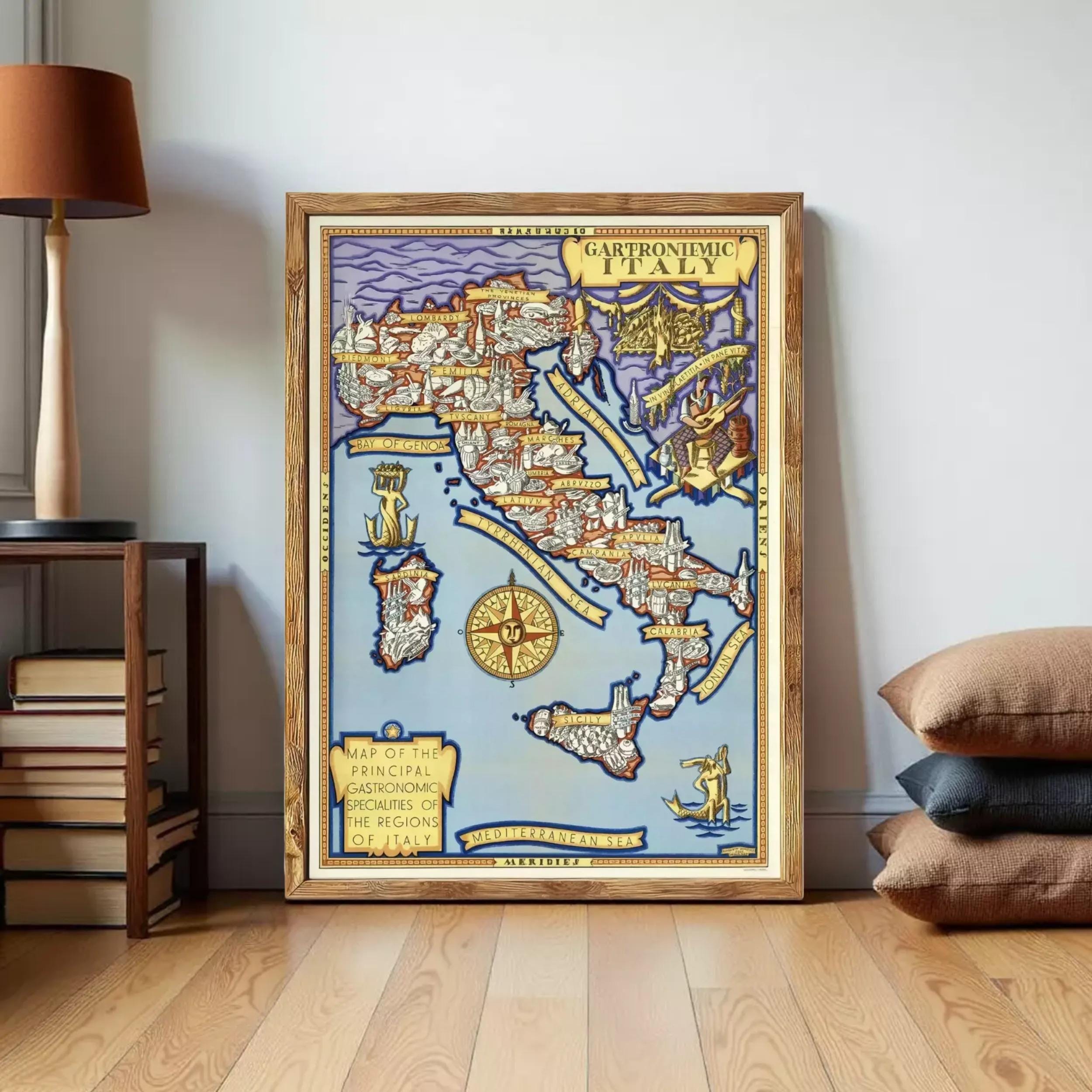 The image is a framed map of Italy, depicting various landmarks and regions of the country.