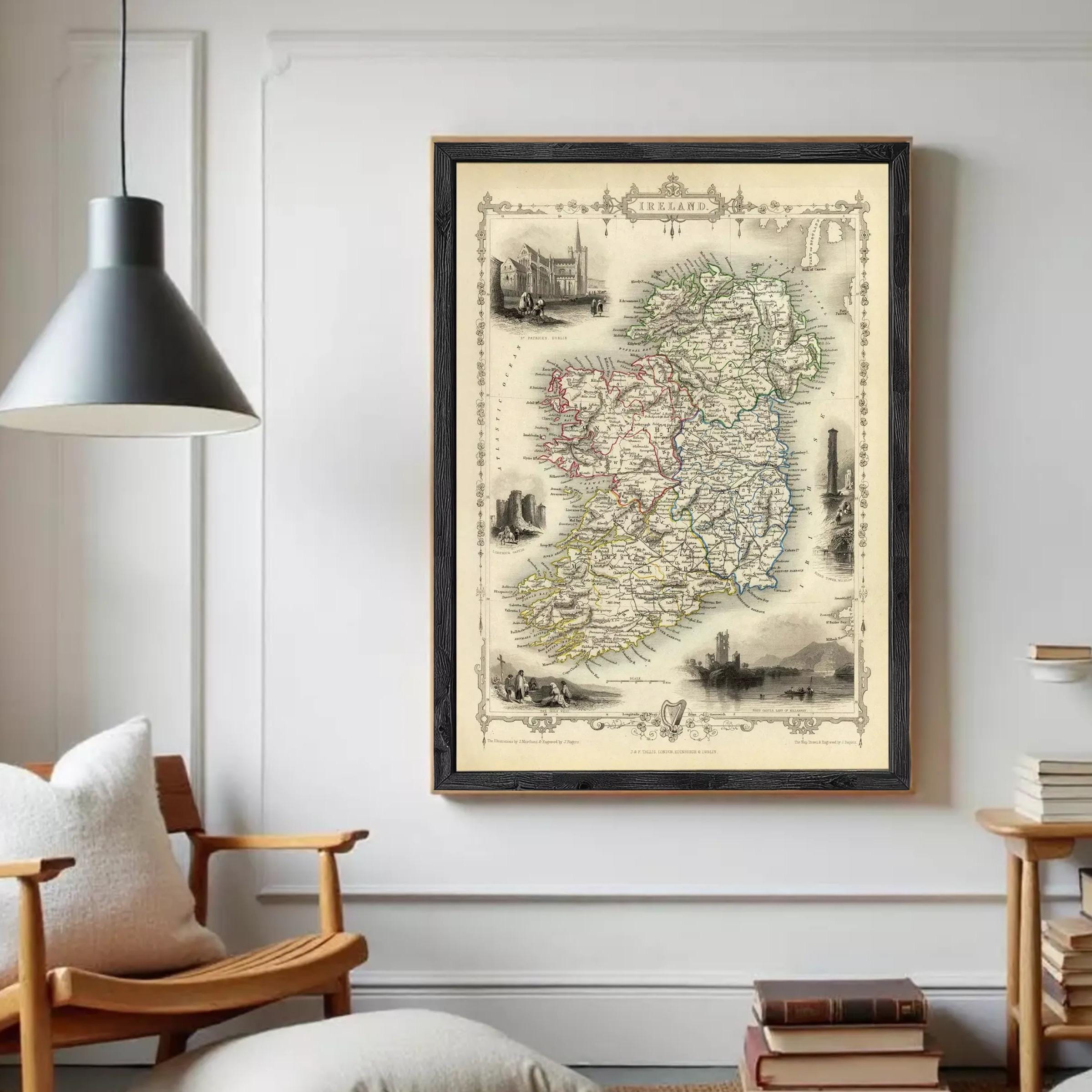 The image is a framed vintage map of Ireland, featuring various landmarks and geographical details.