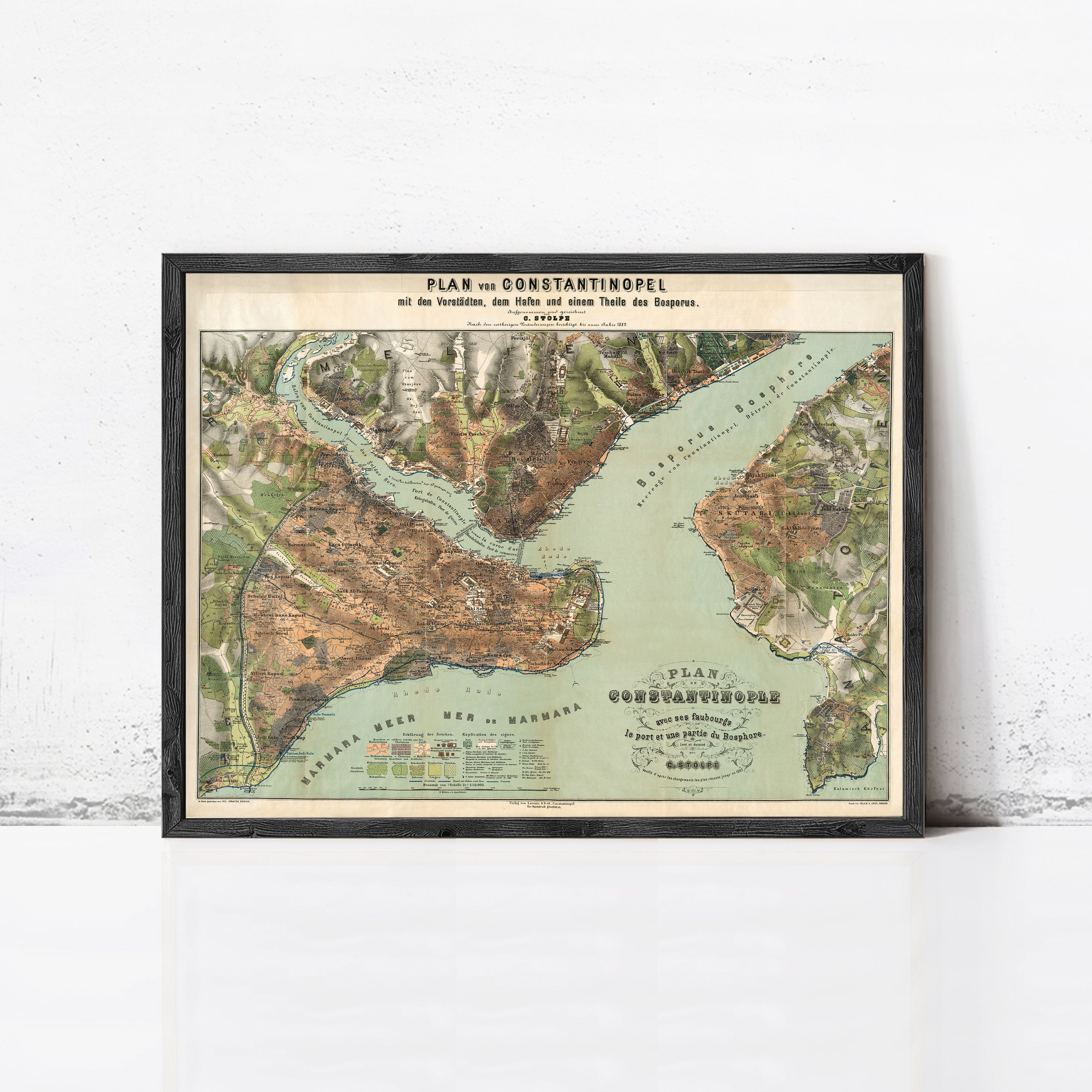 The image is a framed vintage map of the city of Constantinople, depicting the city's layout and surrounding areas.