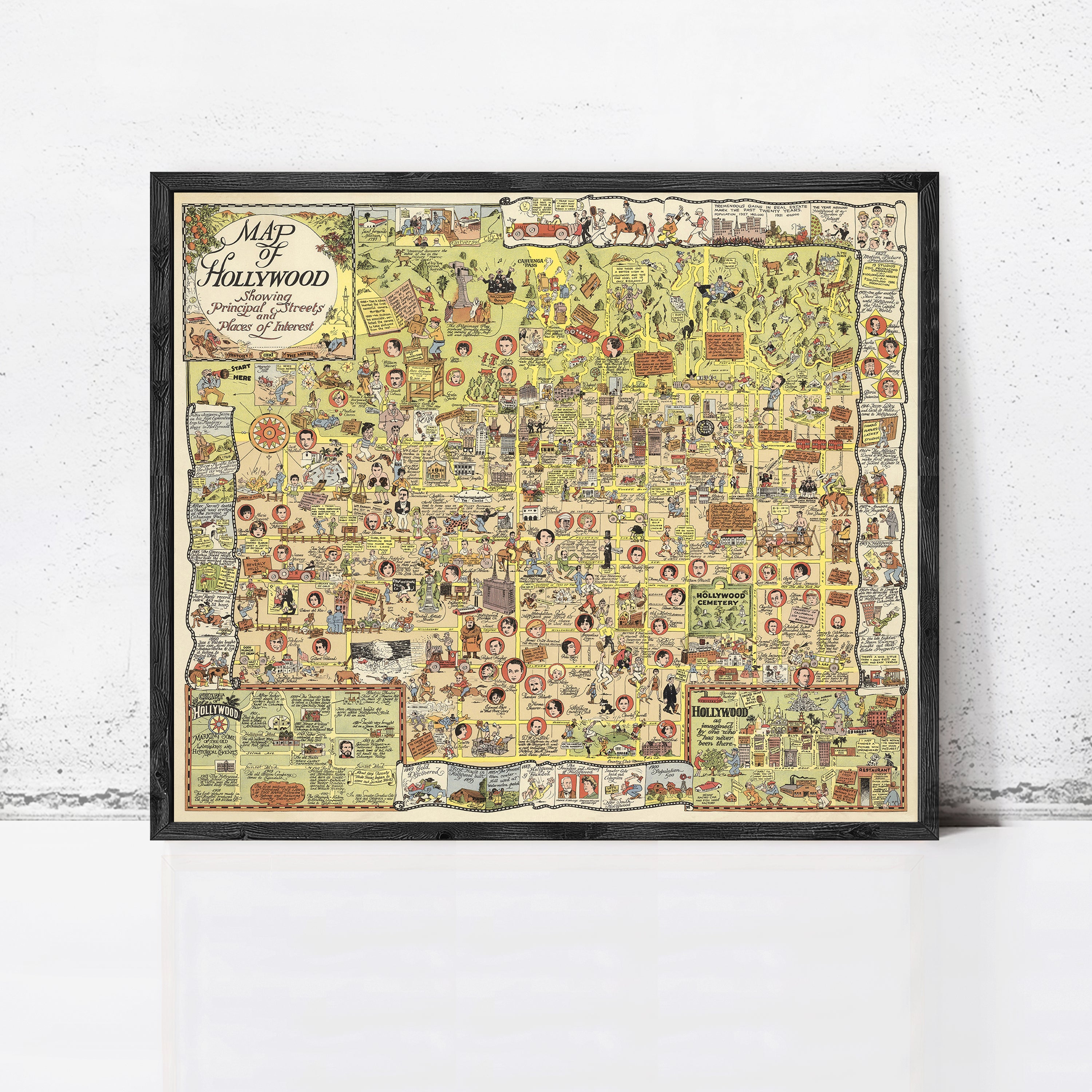 The image is a framed vintage map of Hollywood, California, depicting various landmarks, streets, and people in a detailed and colorful manner.