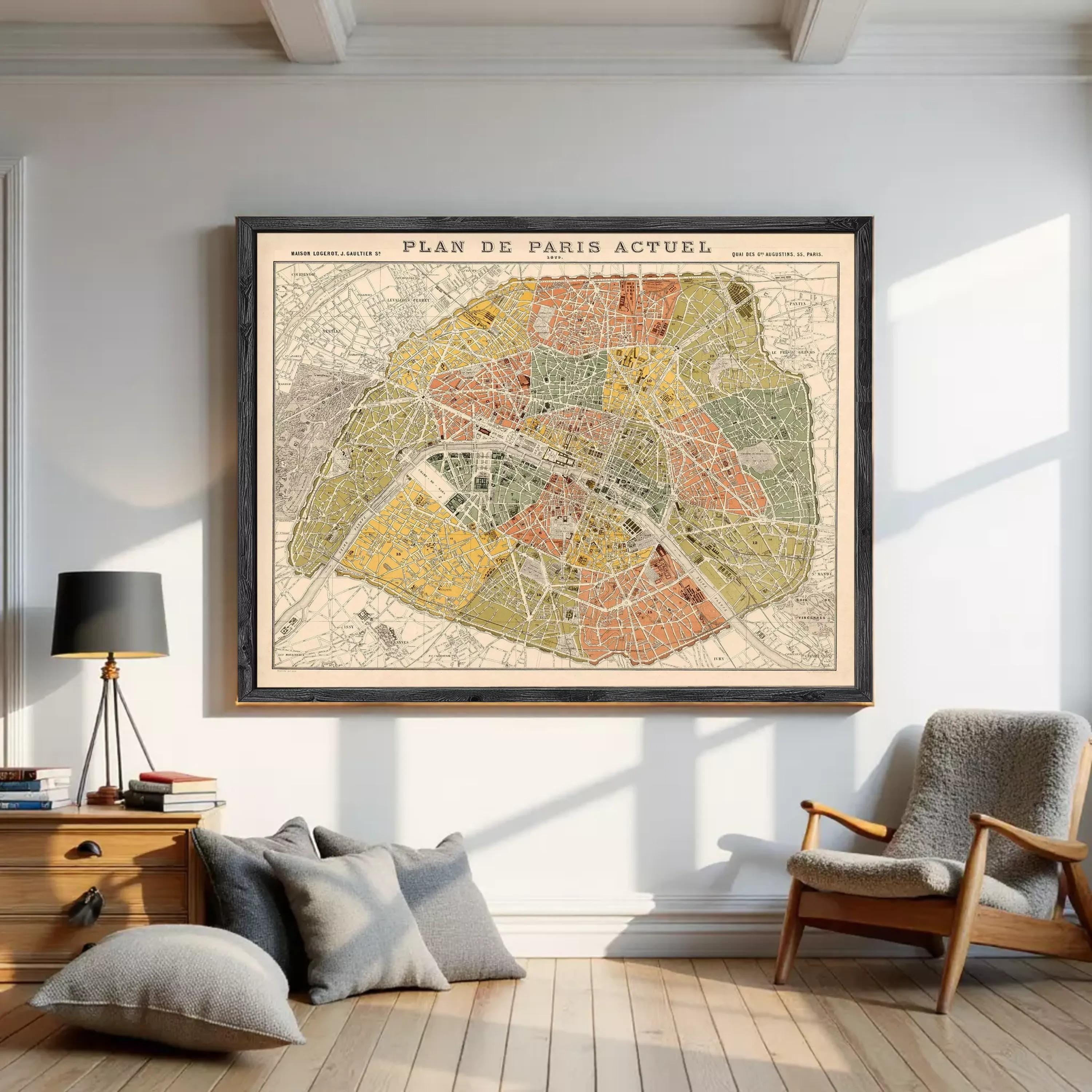 The image is a framed vintage map of Paris, France, depicting the city's streets and landmarks.