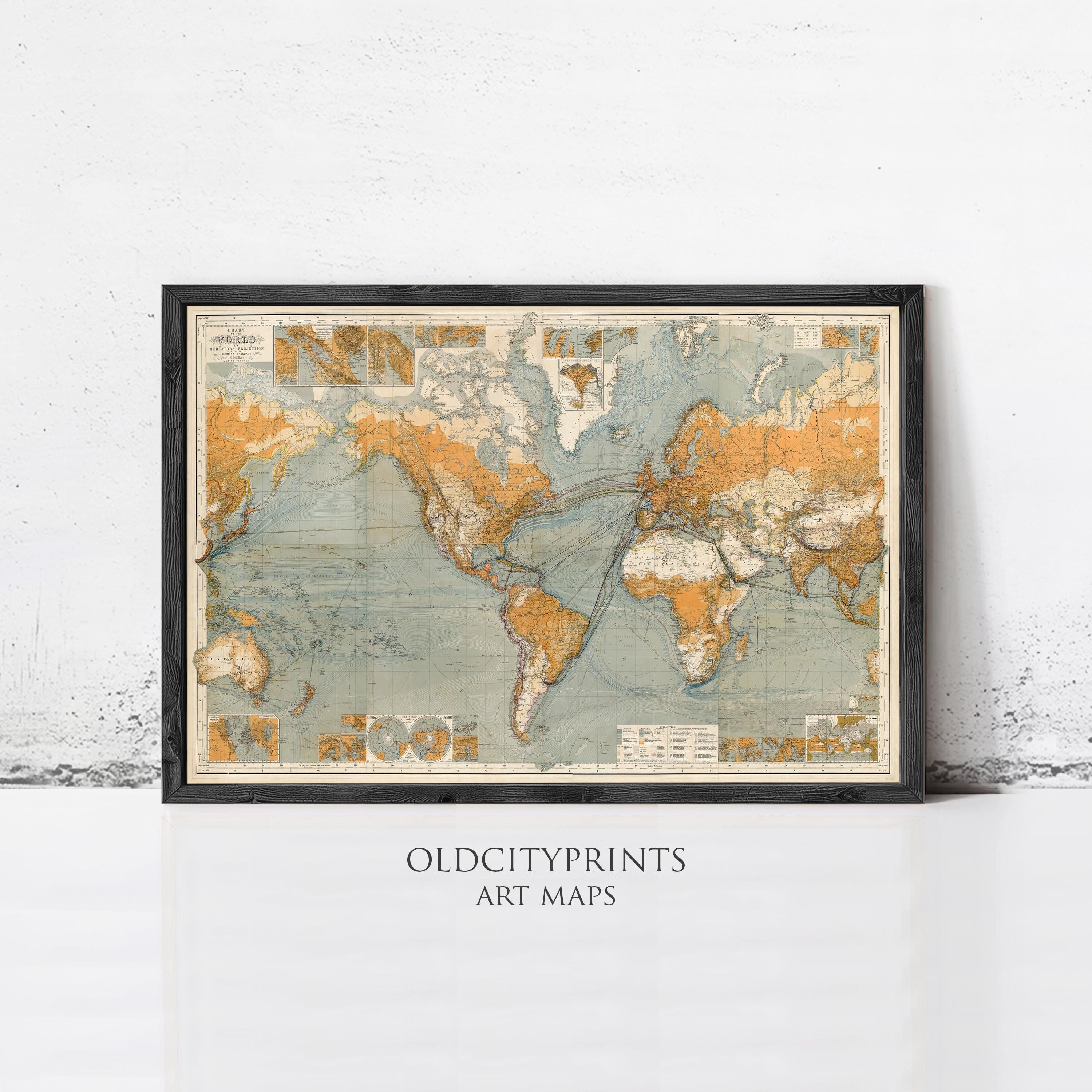 The image is a framed vintage world map from the early 20th century, depicting the continents and oceans in a detailed and colorful manner.