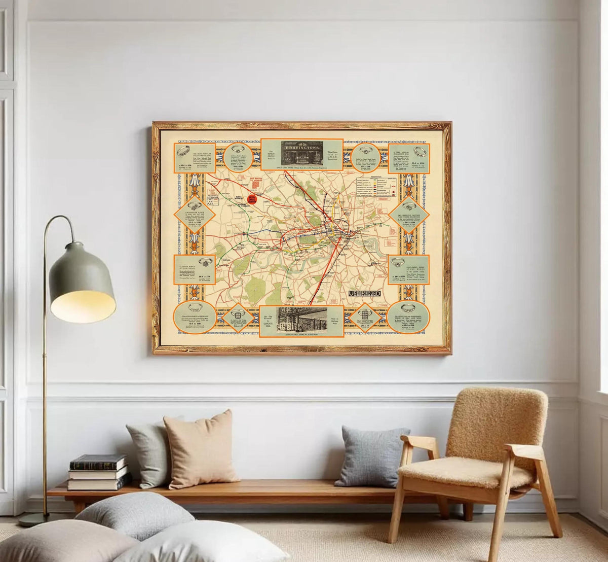 The image is a framed vintage map of London, featuring various landmarks and transportation routes.