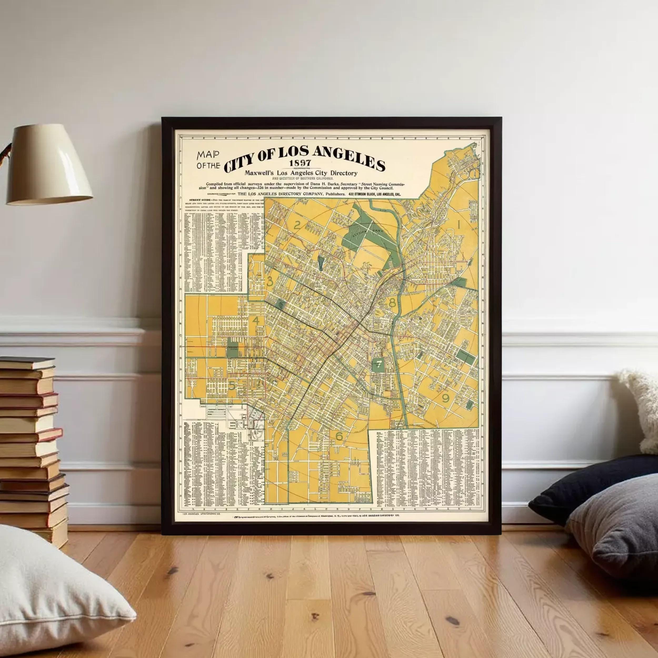 The image is a framed map of Los Angeles, California, dated January 1, 1957.