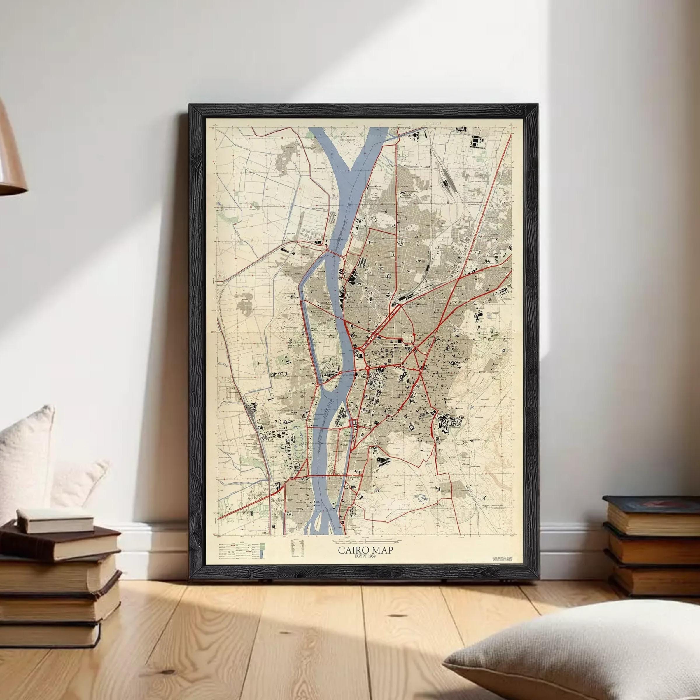 The image is a framed map of Cairo, Egypt, showing the city's streets, landmarks, and surrounding areas.