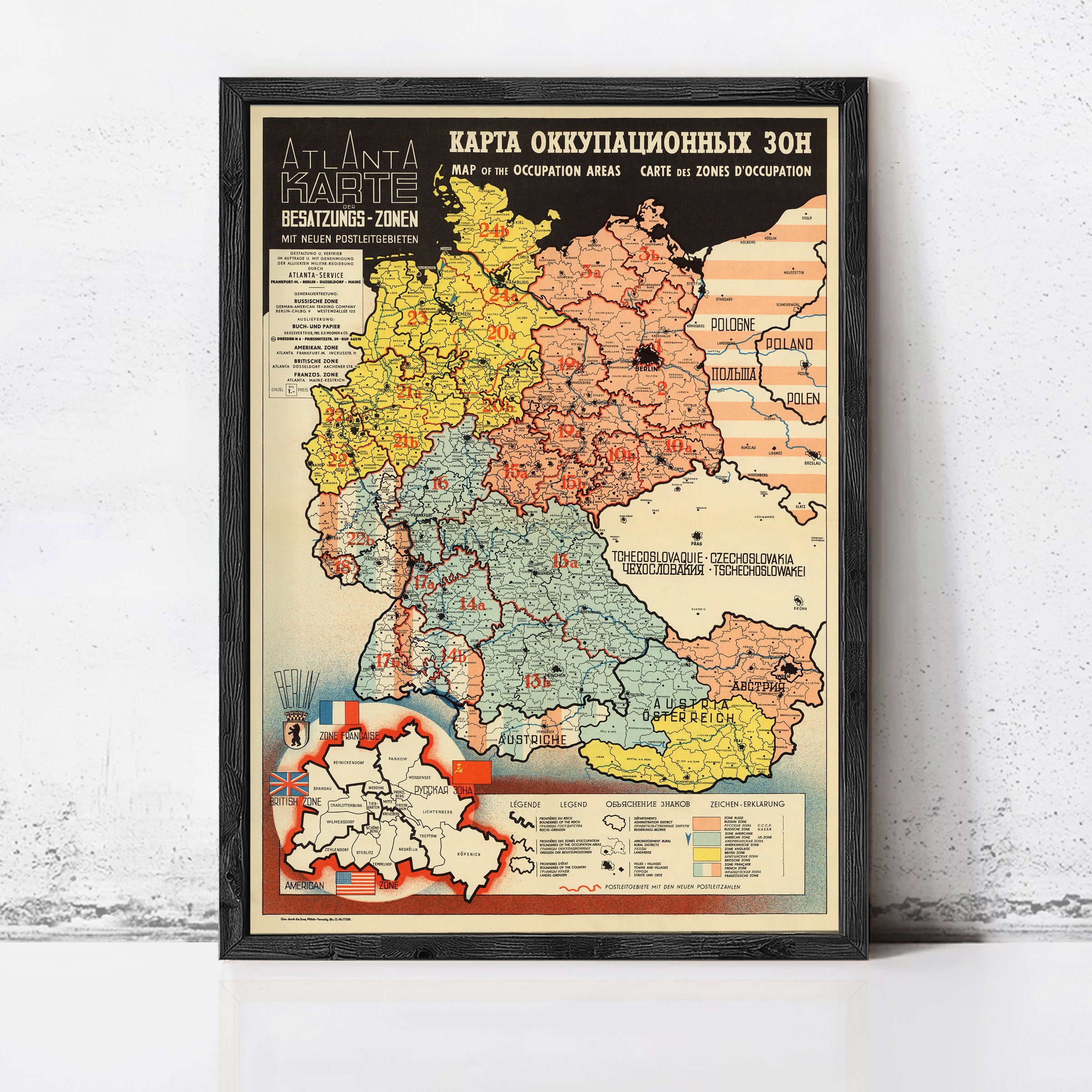 The image is a framed map of Germany, showing the different occupation areas and zones of occupation during the war.