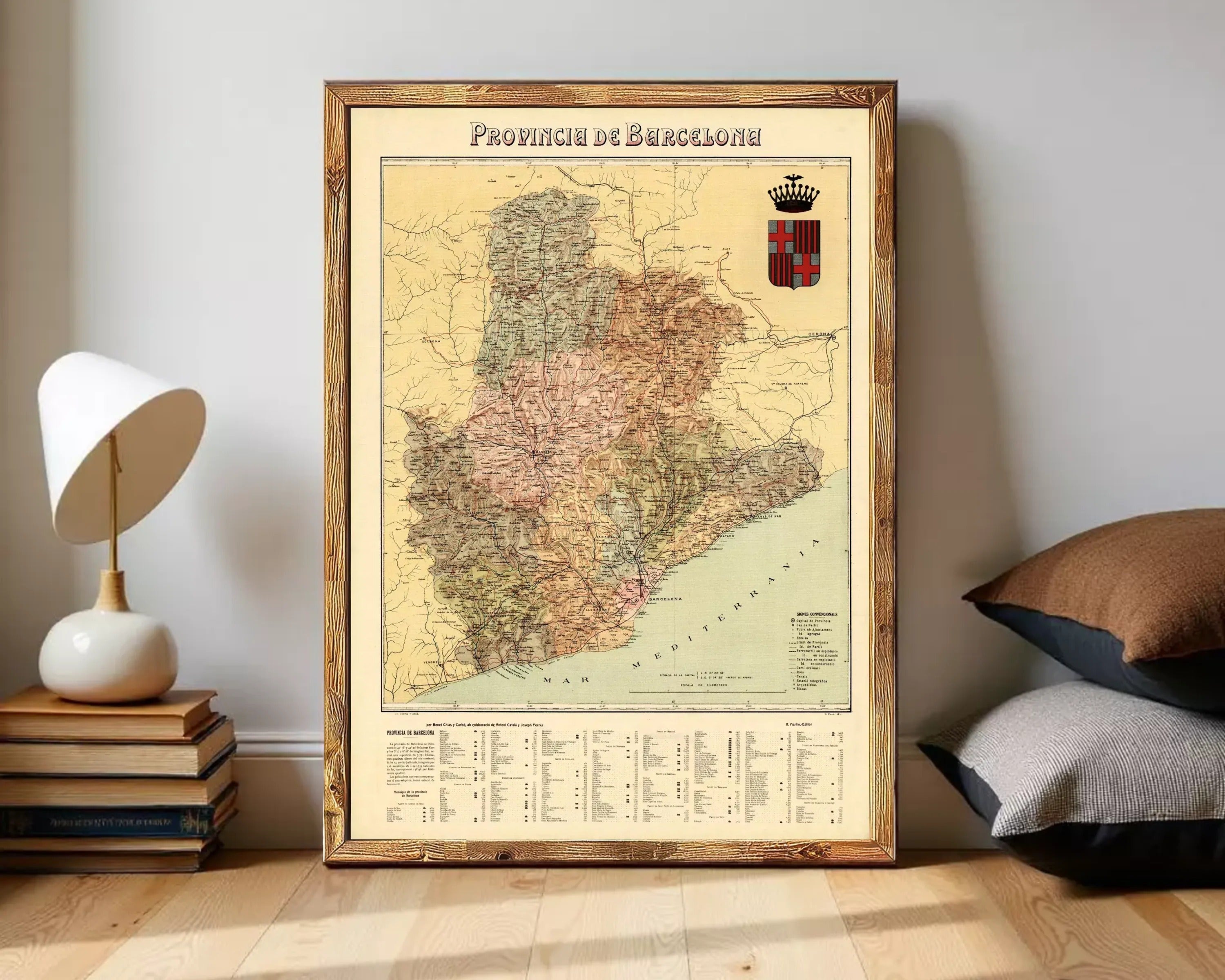 The image is a framed map of the Provincias de Barcelona, Spain, with a coat of arms displayed on the top right corner.