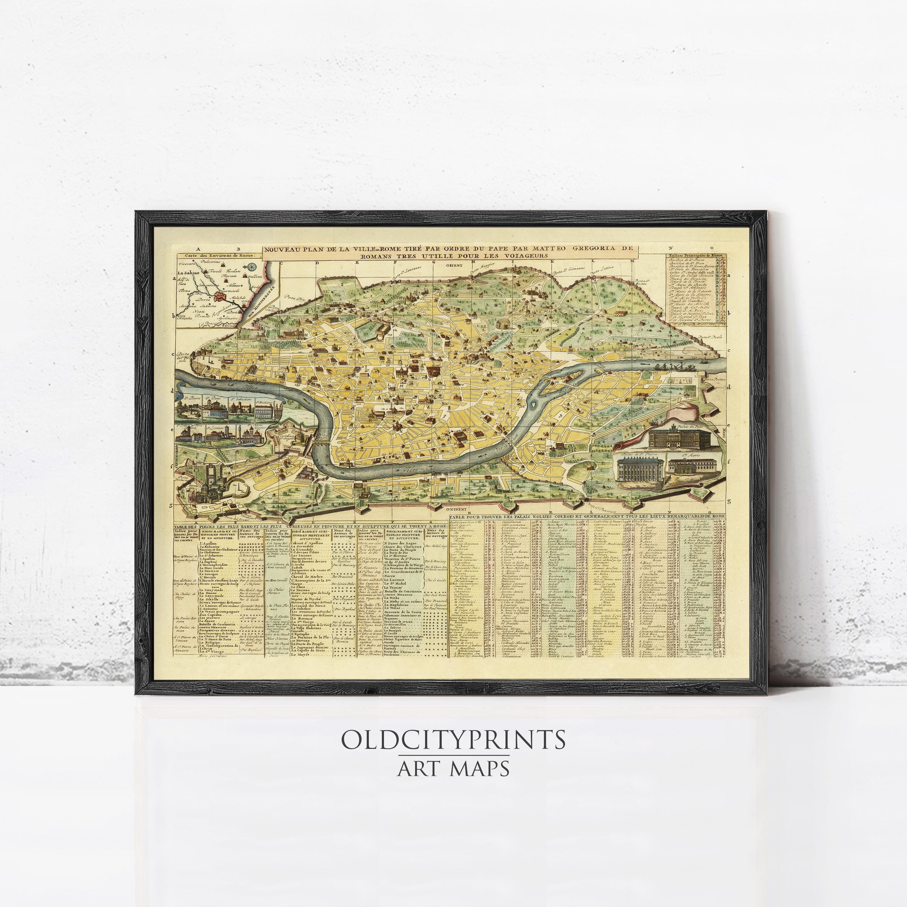 The image is a framed vintage map of a city, likely from the 16th century, with detailed illustrations and labels.