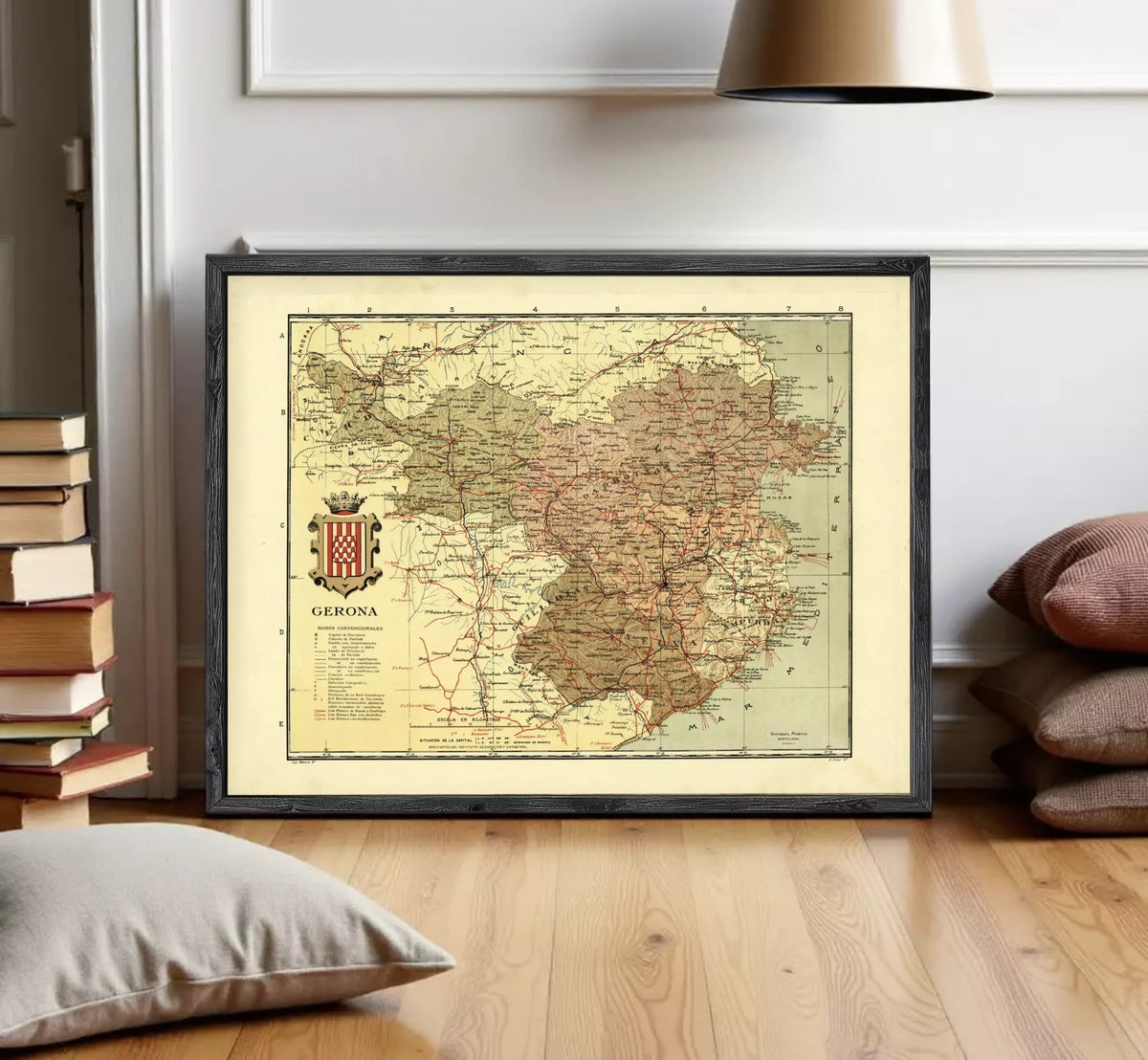 The image is a framed vintage map of the region of Gerona, showing various geographical features and locations.