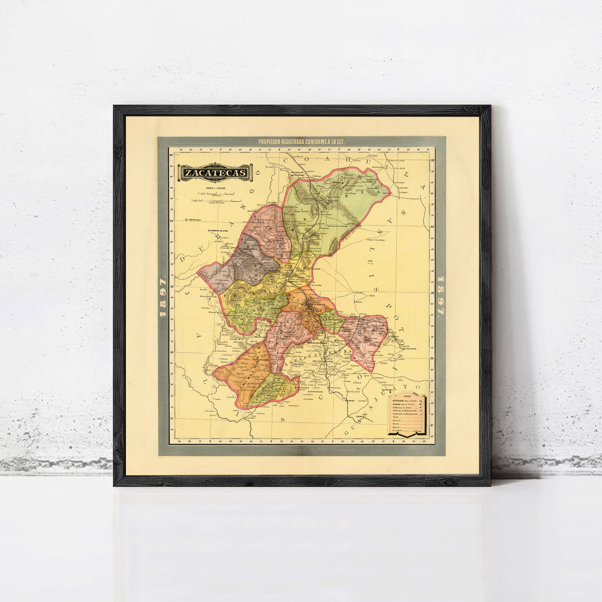 The image is a framed vintage map of the state of Zacatecas, Mexico, depicting the state's geographical layout and boundaries.