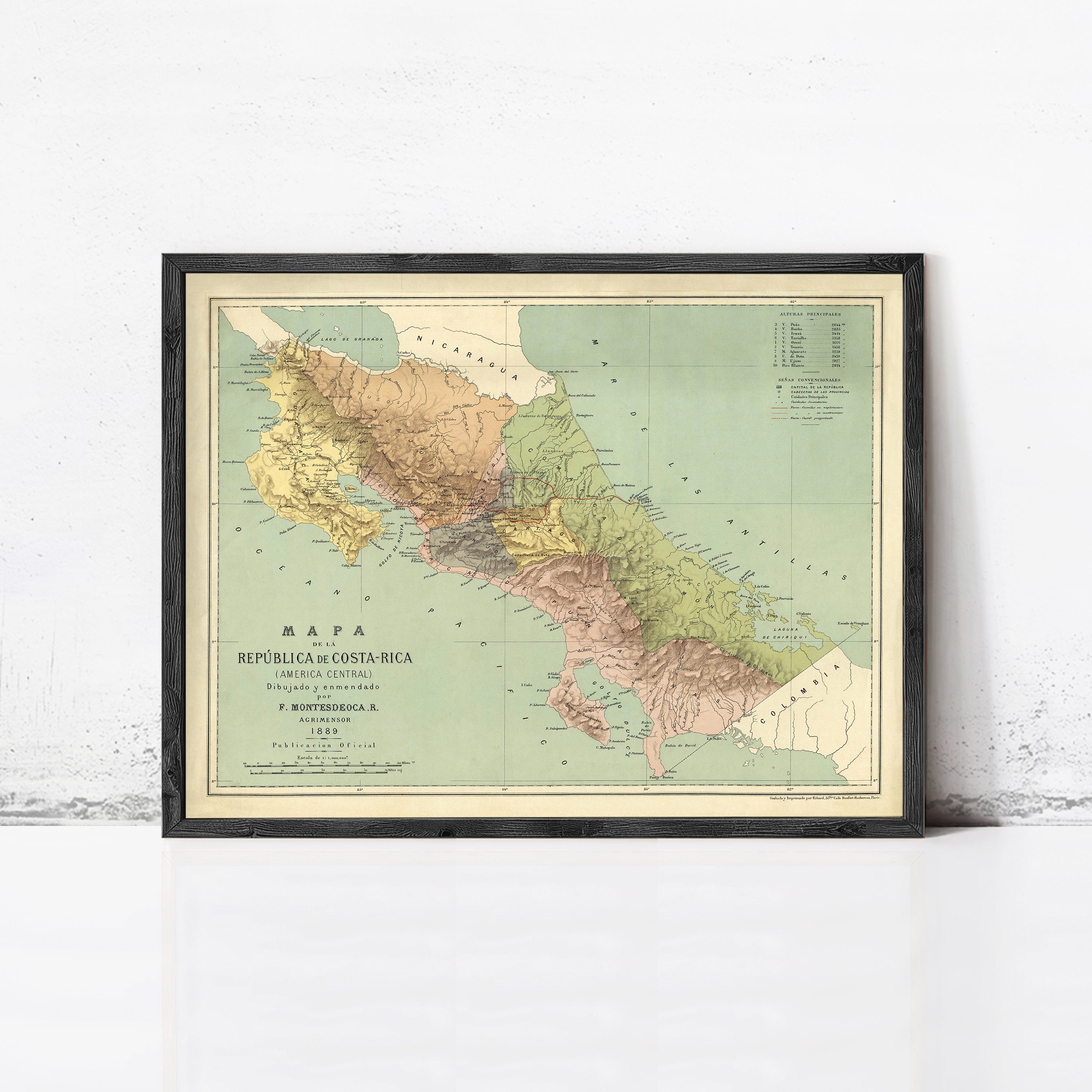 The image is a framed vintage map of Costa Rica, depicting the country's geographical layout and boundaries.