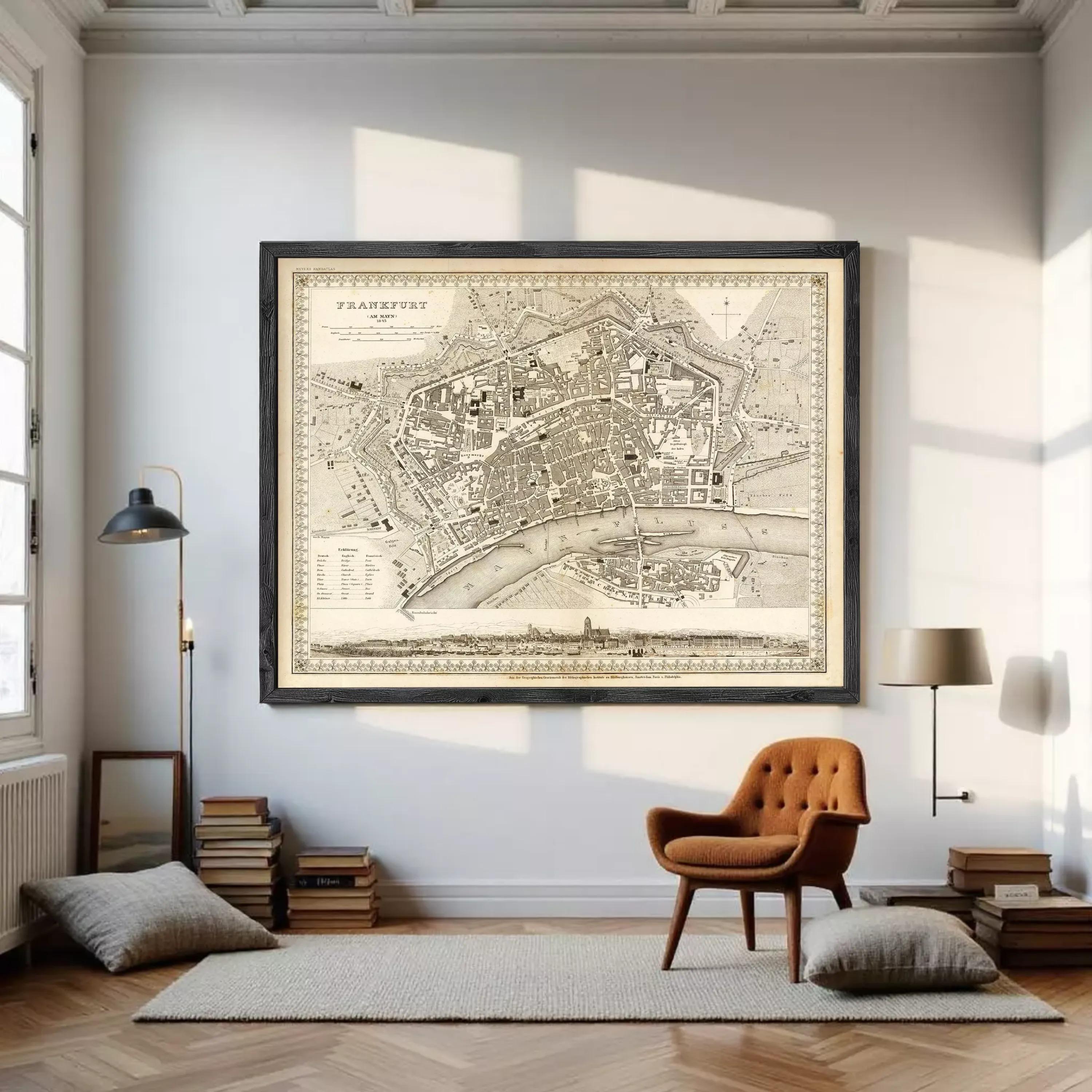 The image is a framed antique map of Frankfurt, Germany, depicting the city's layout and surrounding areas.