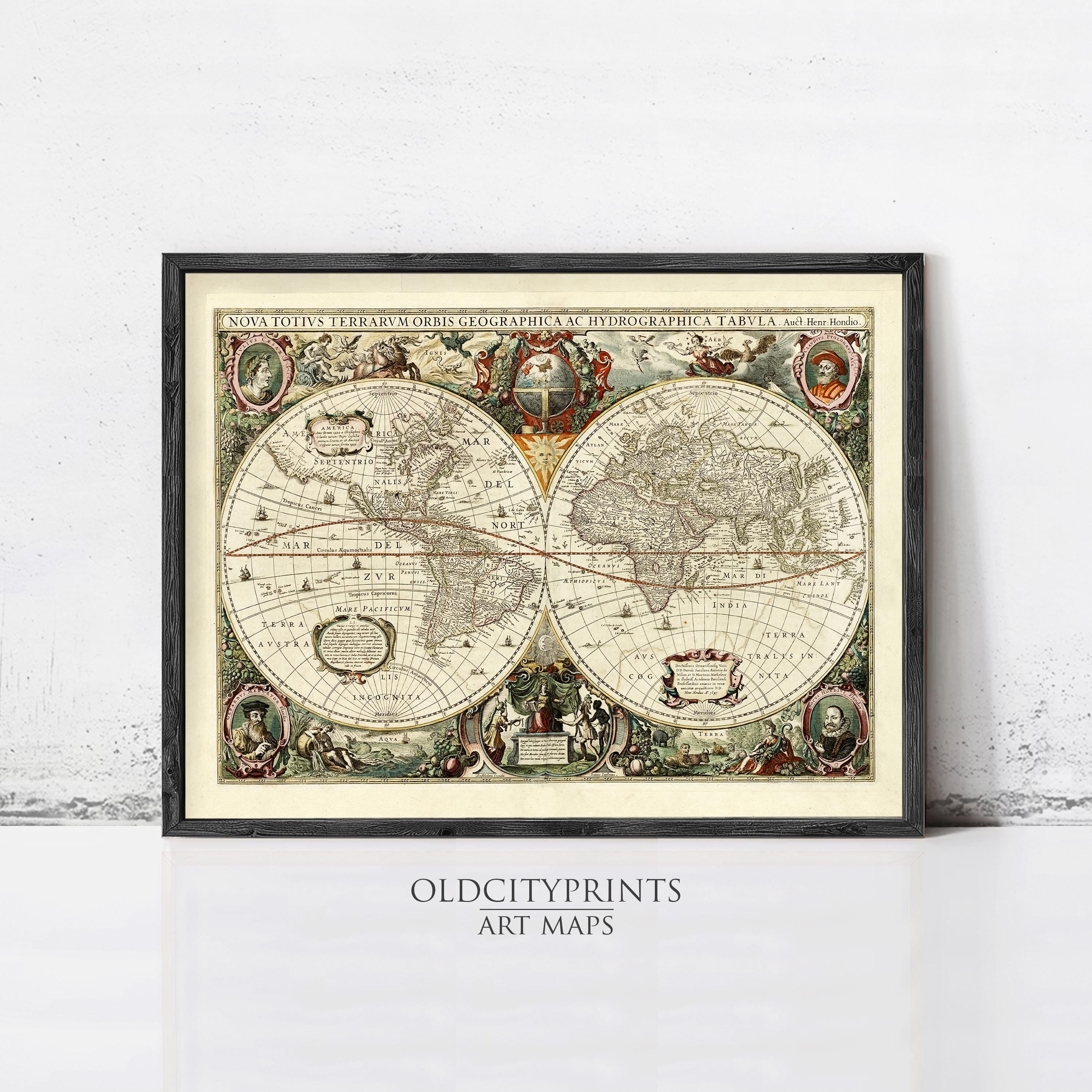 The image is a framed vintage map of the world, featuring intricate details and decorative elements.