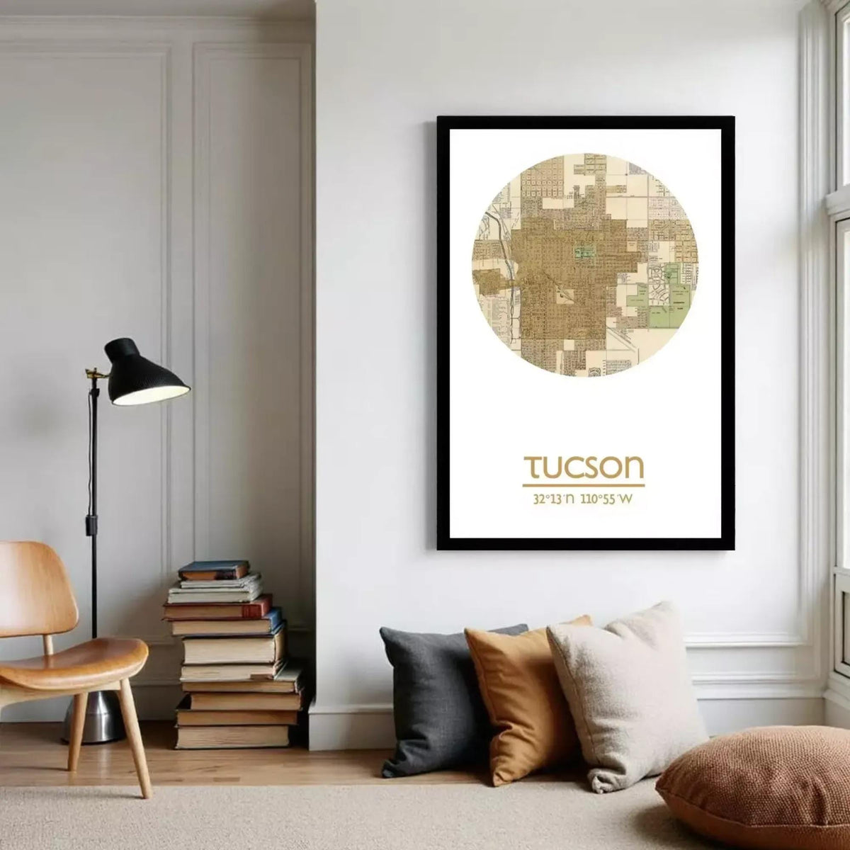 A framed map of Tucson, Arizona, with the city's location and coordinates (32° 13' 11" W) printed on it.