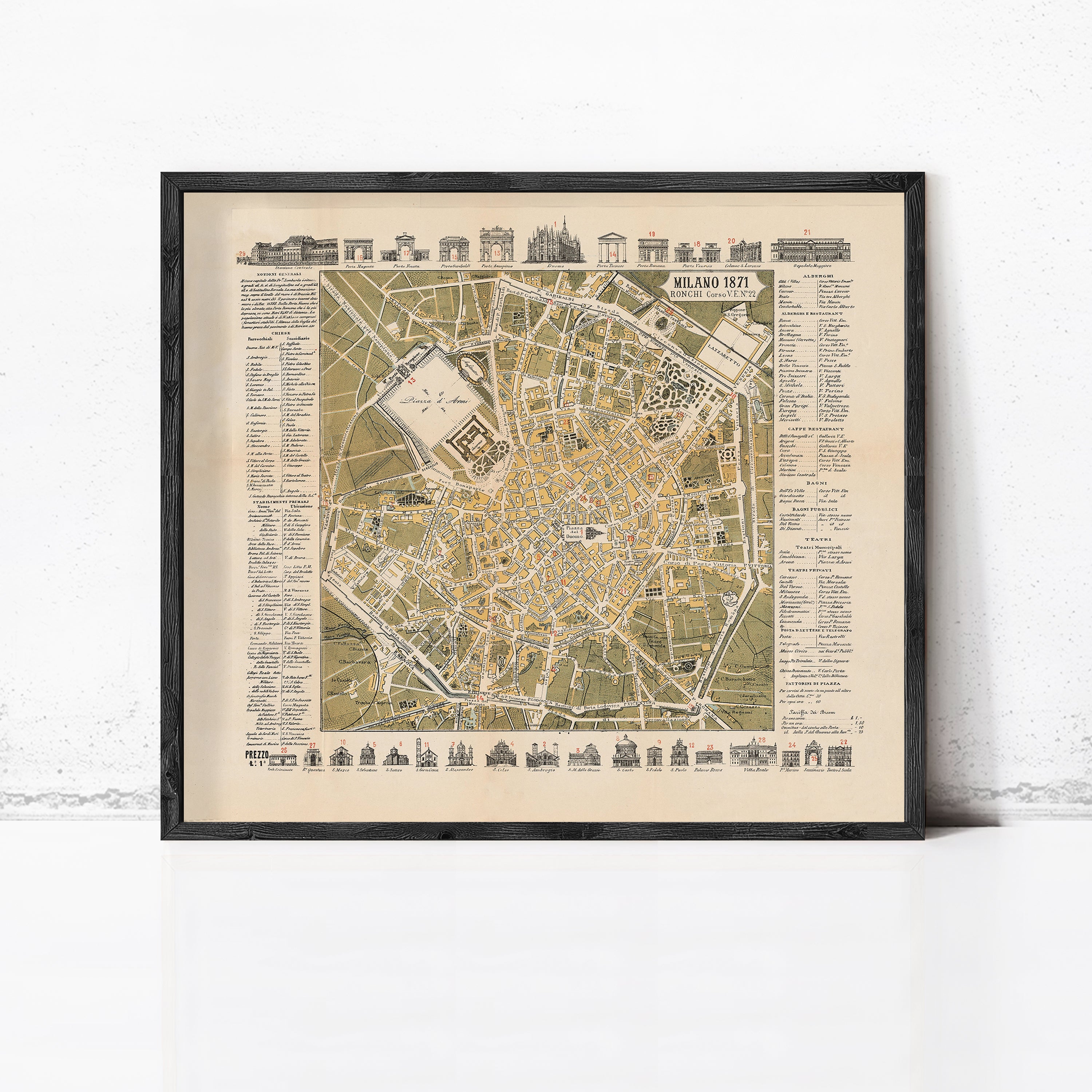 The image is a framed vintage map of Milan, Italy, depicting the city's layout and landmarks.