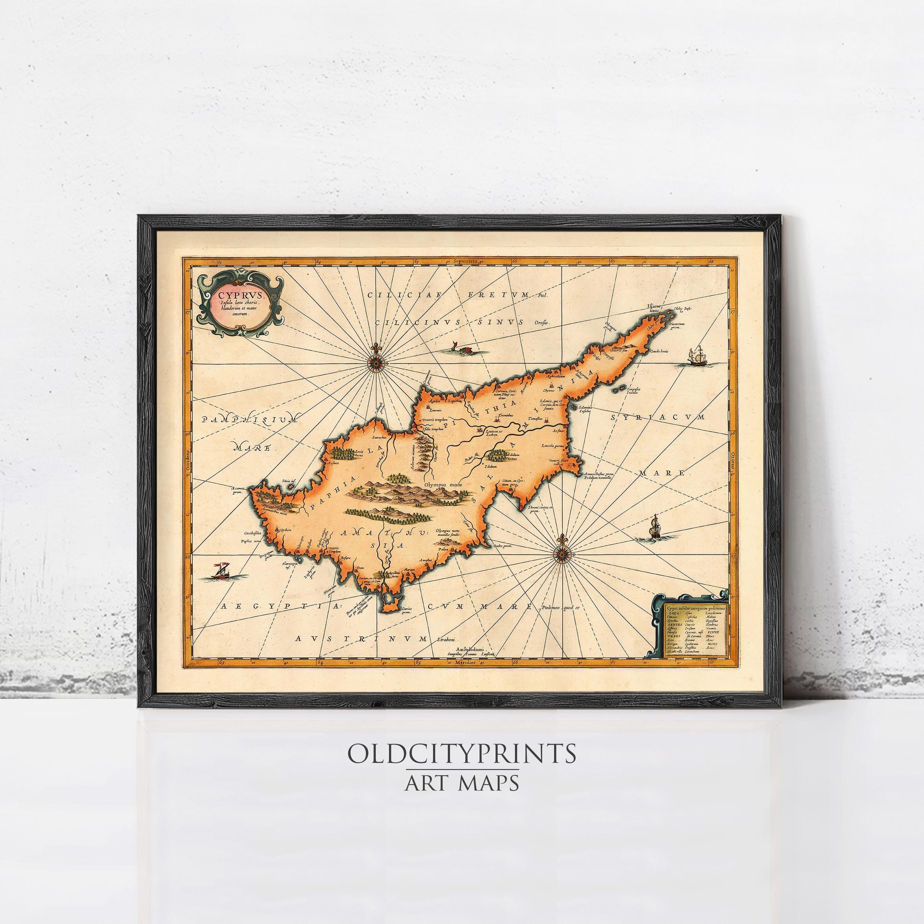 The image is a framed vintage map of the island of Cyprus, depicting the country's geographical layout and surrounding areas.