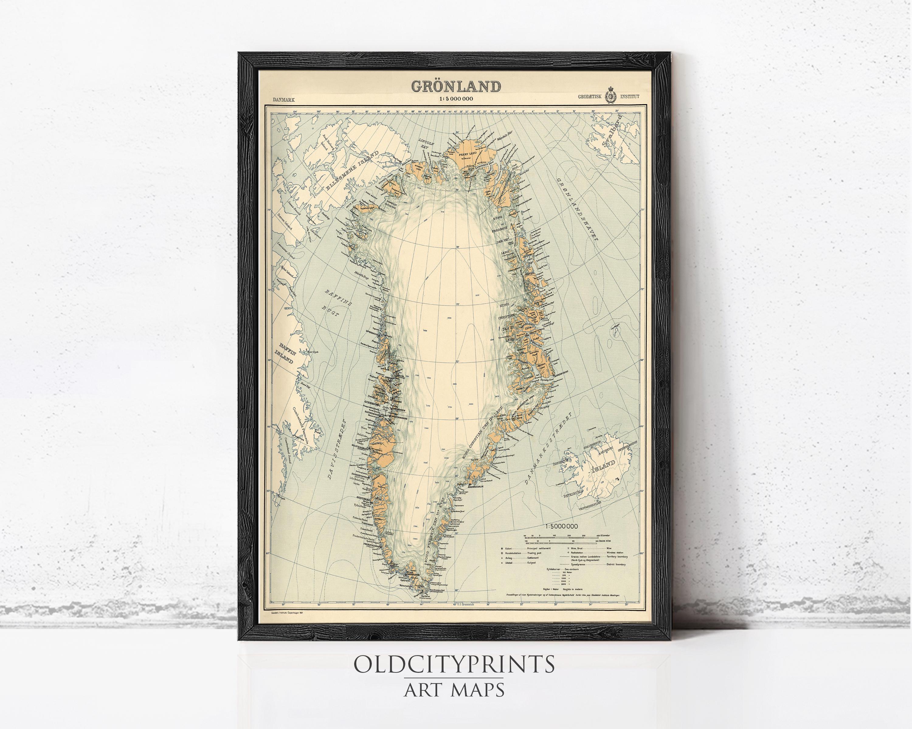 The image is a framed vintage map of Greenland, depicting the country and surrounding areas in a detailed and detailed manner.