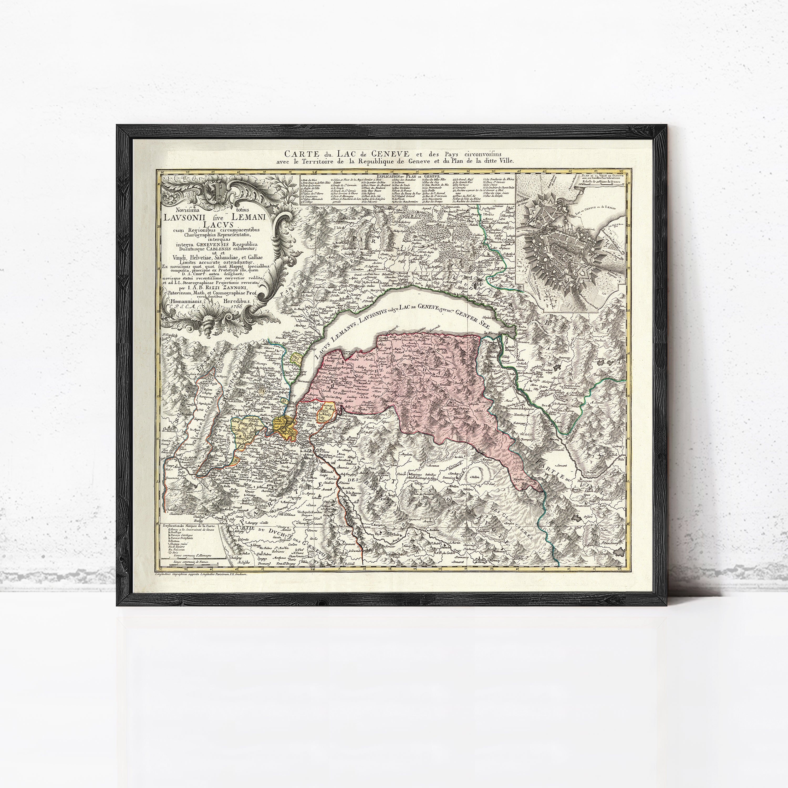 The image is a framed vintage map of Europe, depicting various countries and regions in a detailed and intricate manner.