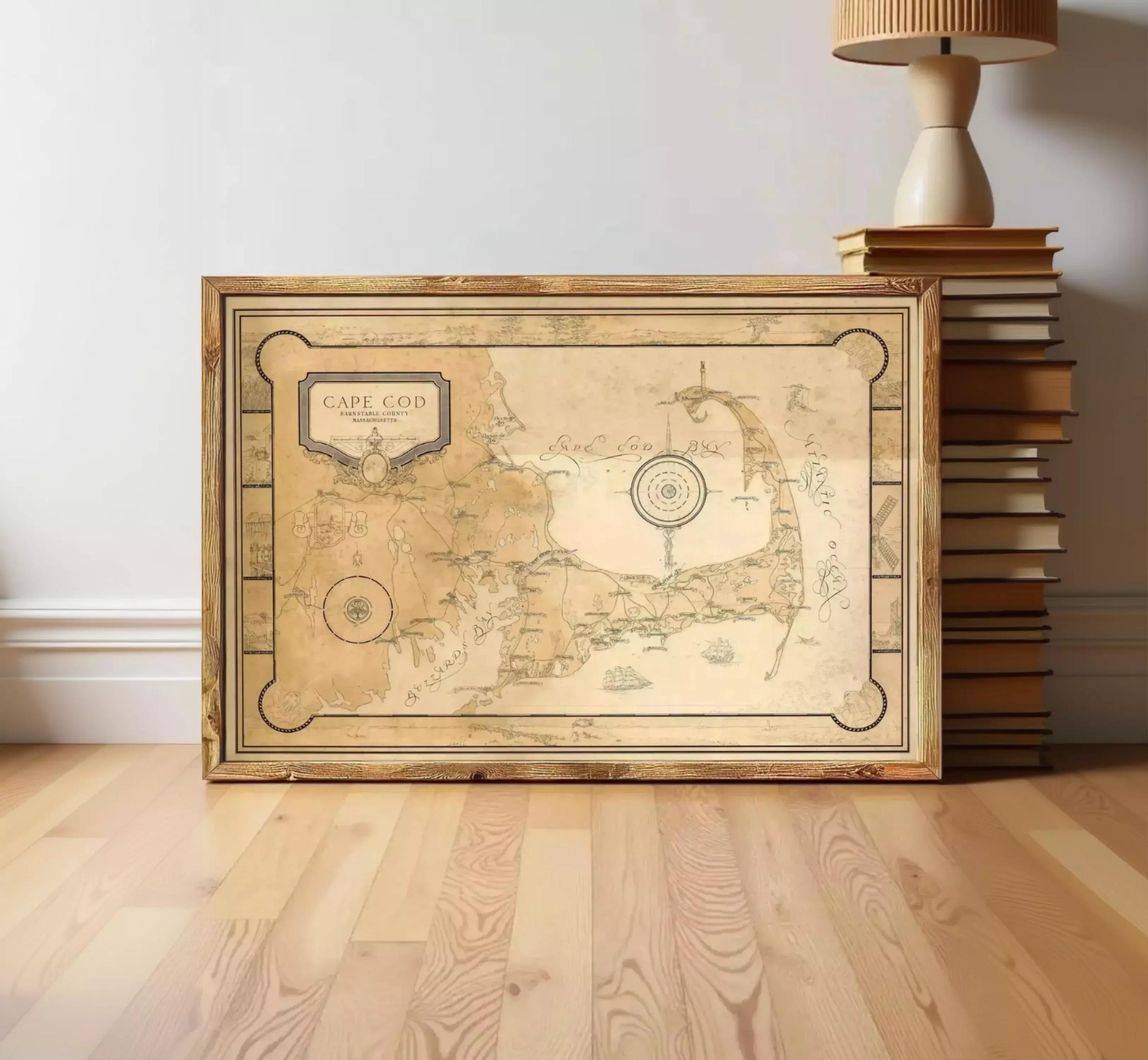 a framed map of Cape Cod, a coastal region in Massachusetts, Massachusetts, United States.