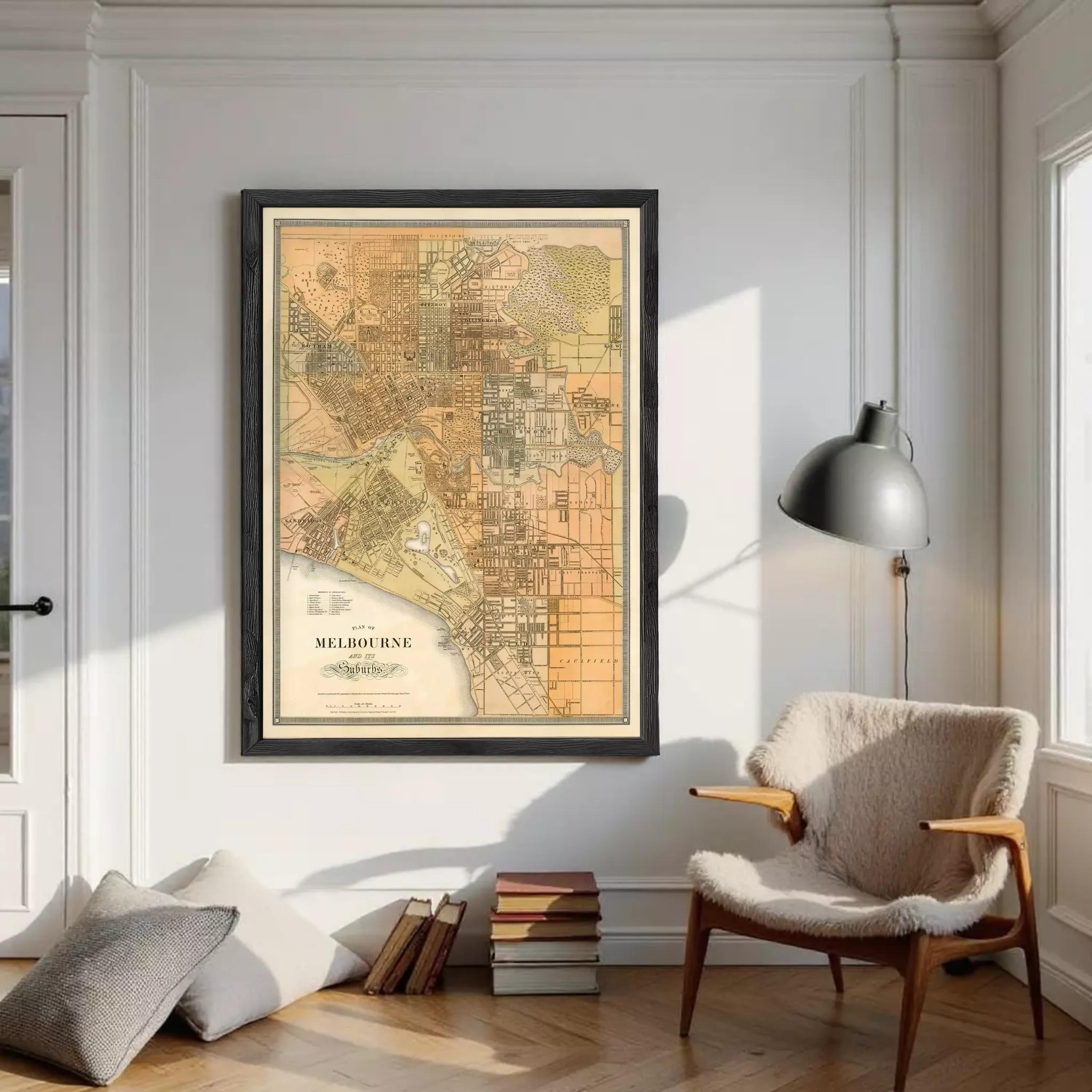 The image is a framed vintage map of Melbourne, Australia, depicting the city's layout and surrounding areas.