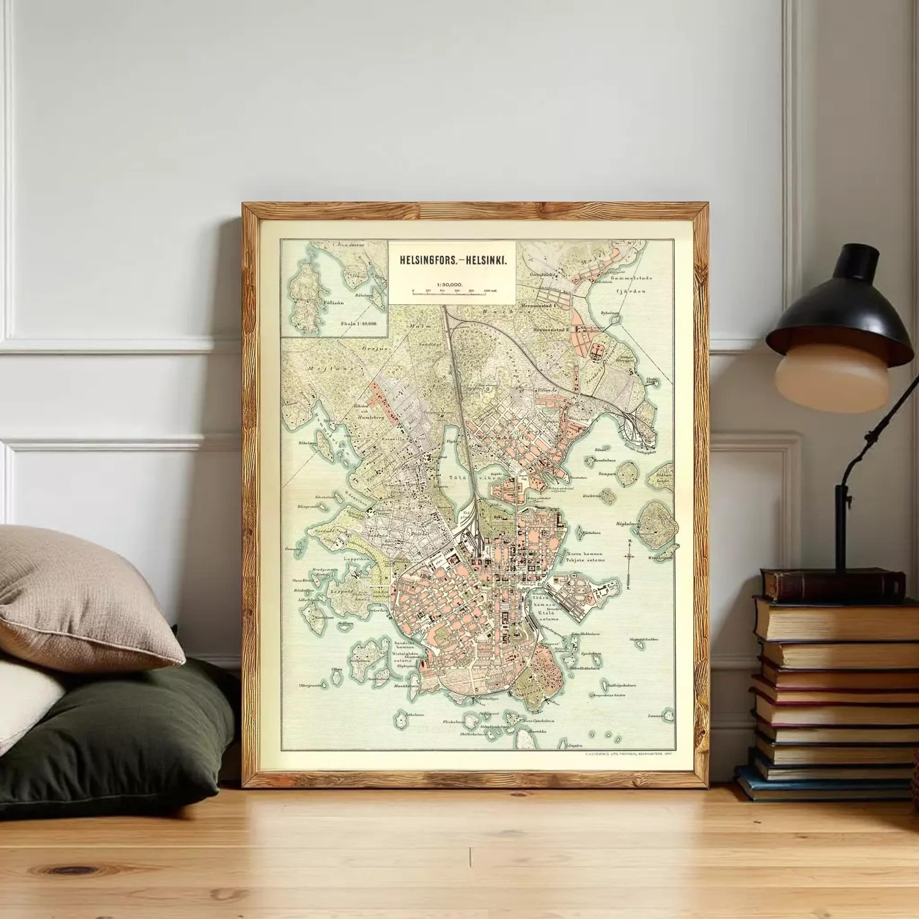 The image is a framed map of Melbourne, Australia, with a wooden frame.