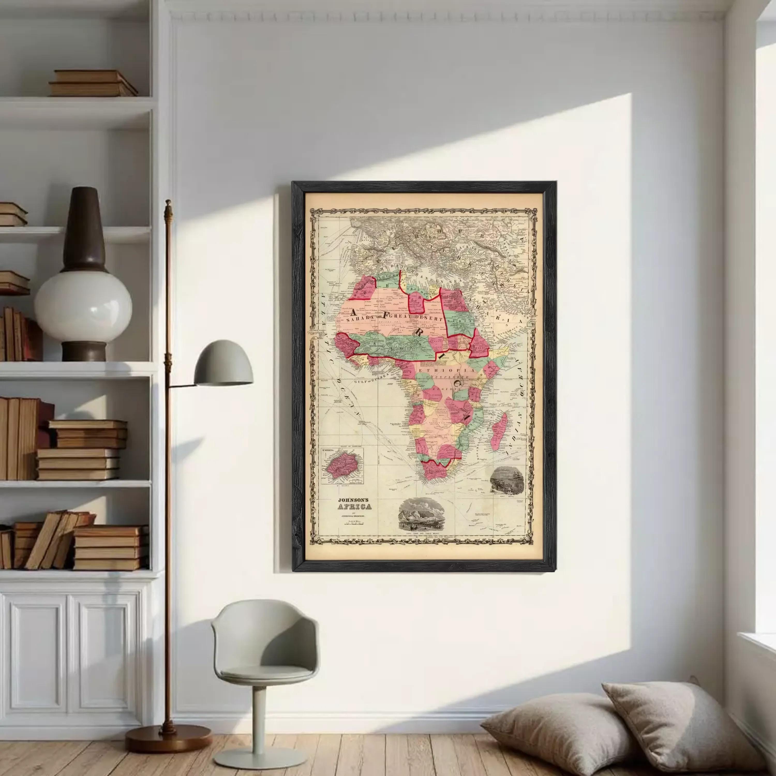 The image is a framed vintage map of Africa, depicting the continent in a detailed and colorful manner.