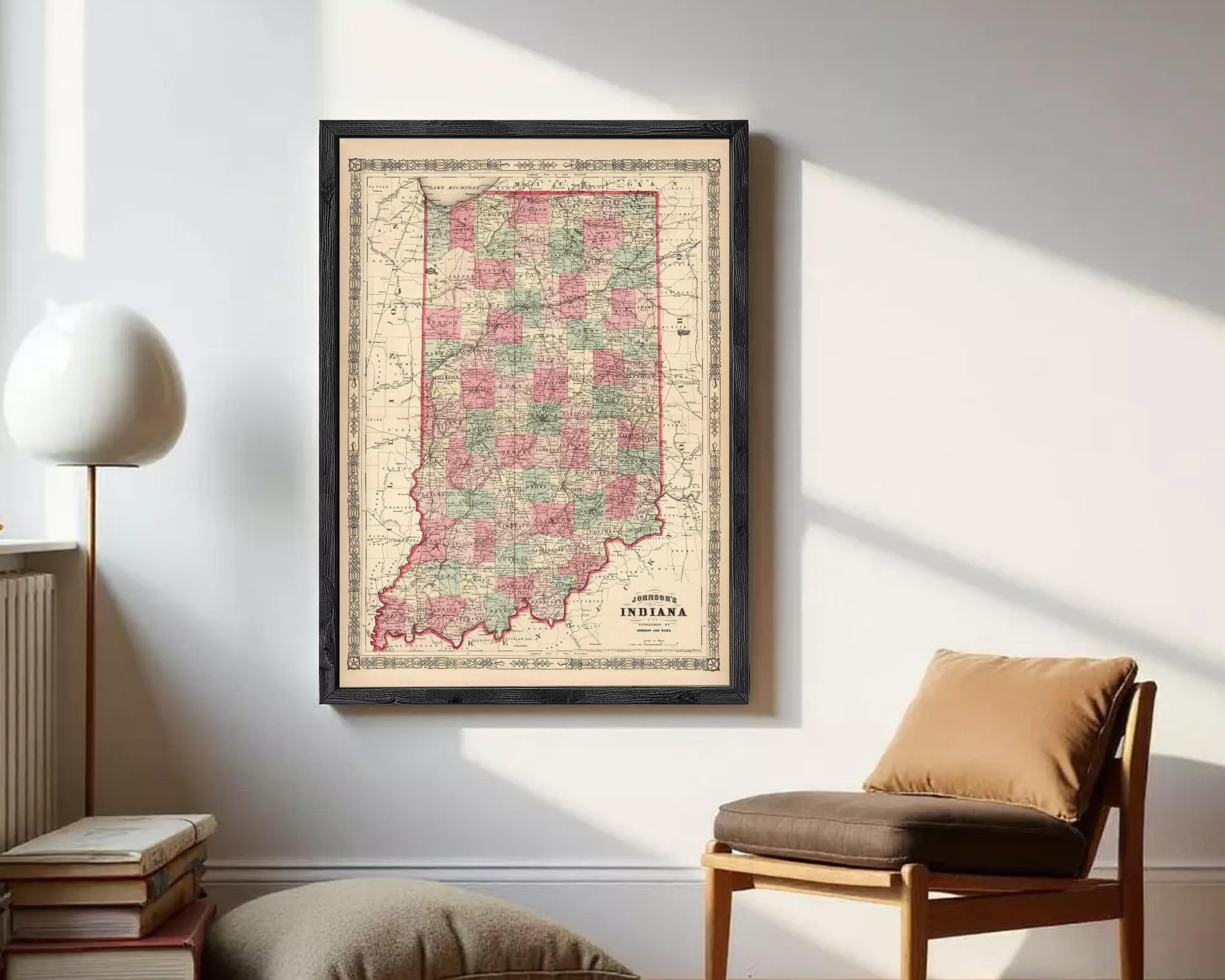 The image is a framed map of Indiana, with a vintage style and a color palette of red, green, and beige.