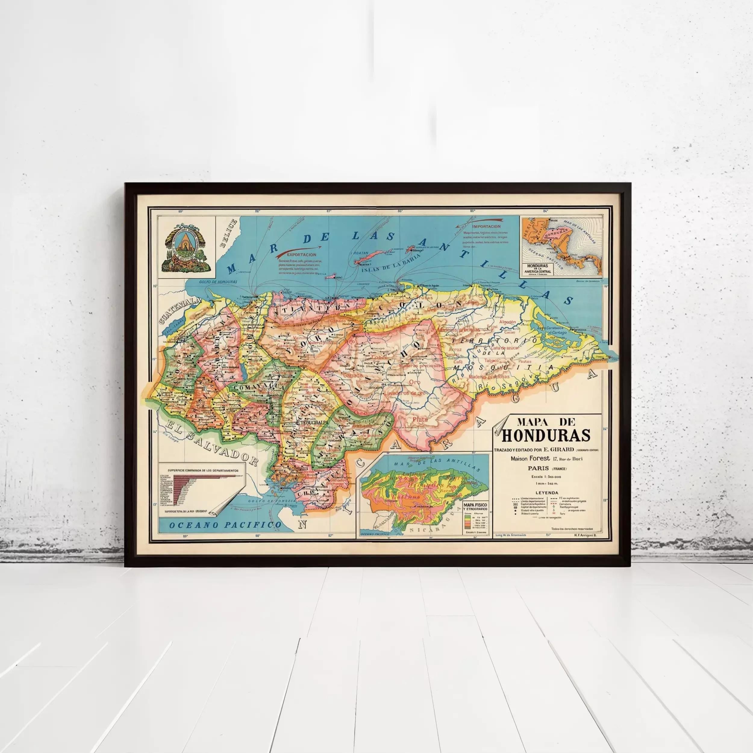 The image is a framed vintage map of Honduras, depicting the country's geographical layout and boundaries.
